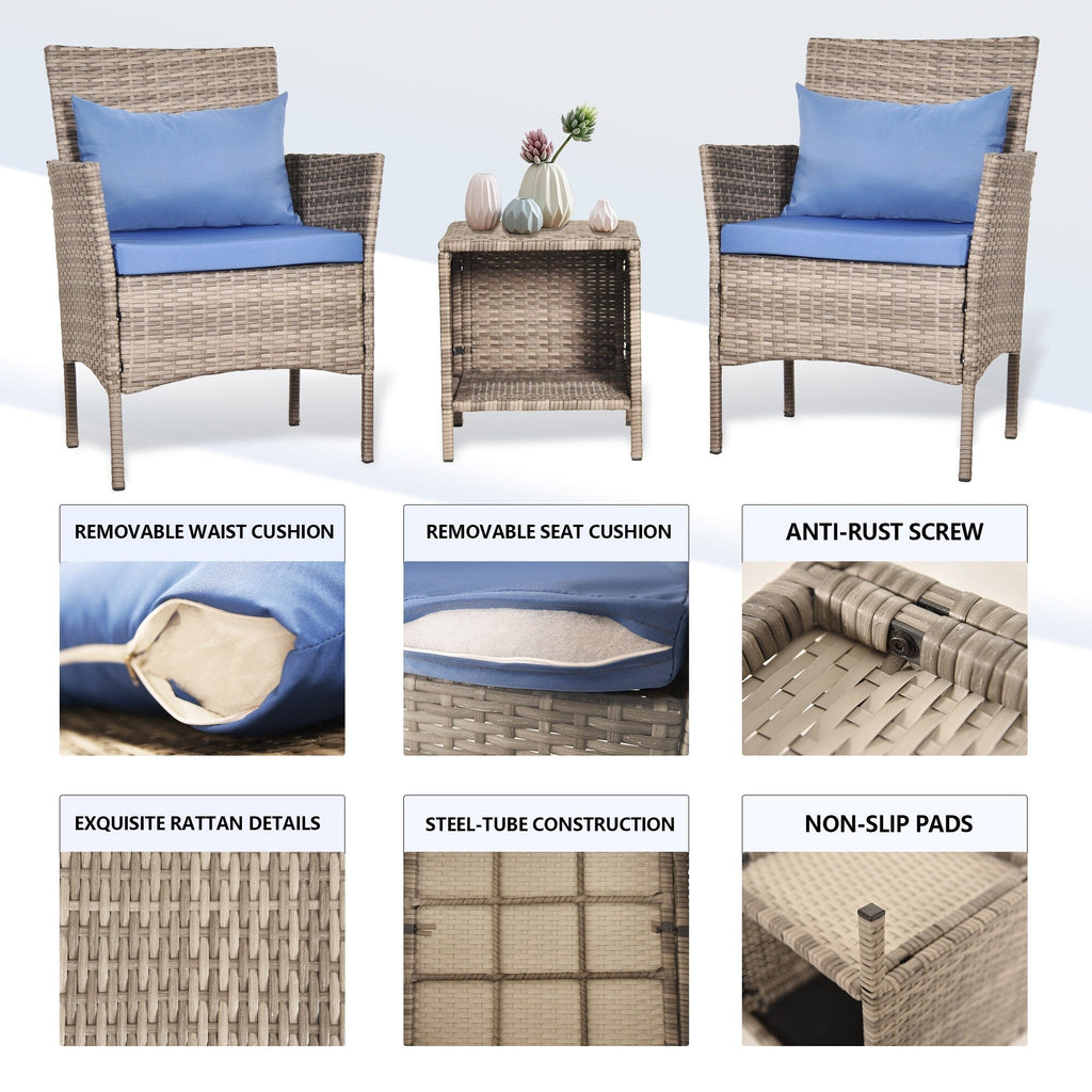 3 Piece Patio Conversation Bistro Set Outdoor Chat Furniture,Wicker Chairs and Storable Table Set,Porch Balcony Furniture Set