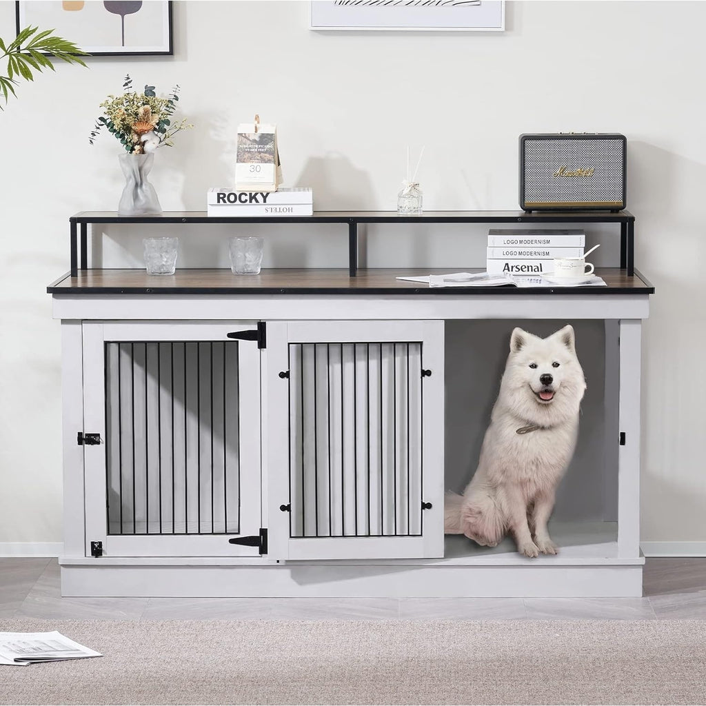 Mcombo Large Dog Crate Furniture TV Stand,Wooden Dog Kennel with Double Doors 1861