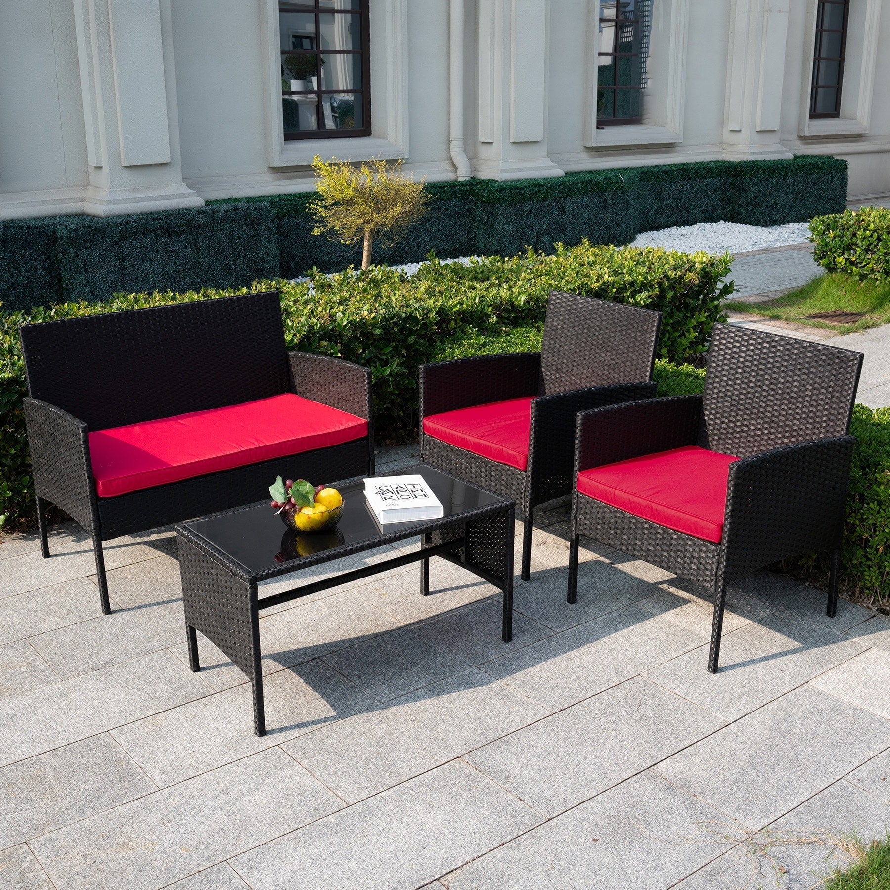 4 Piece Patio Conversation Wicker Furniture Set, Outdoor Rattan Sectional Furniture Set With Cushions for Yard Garden