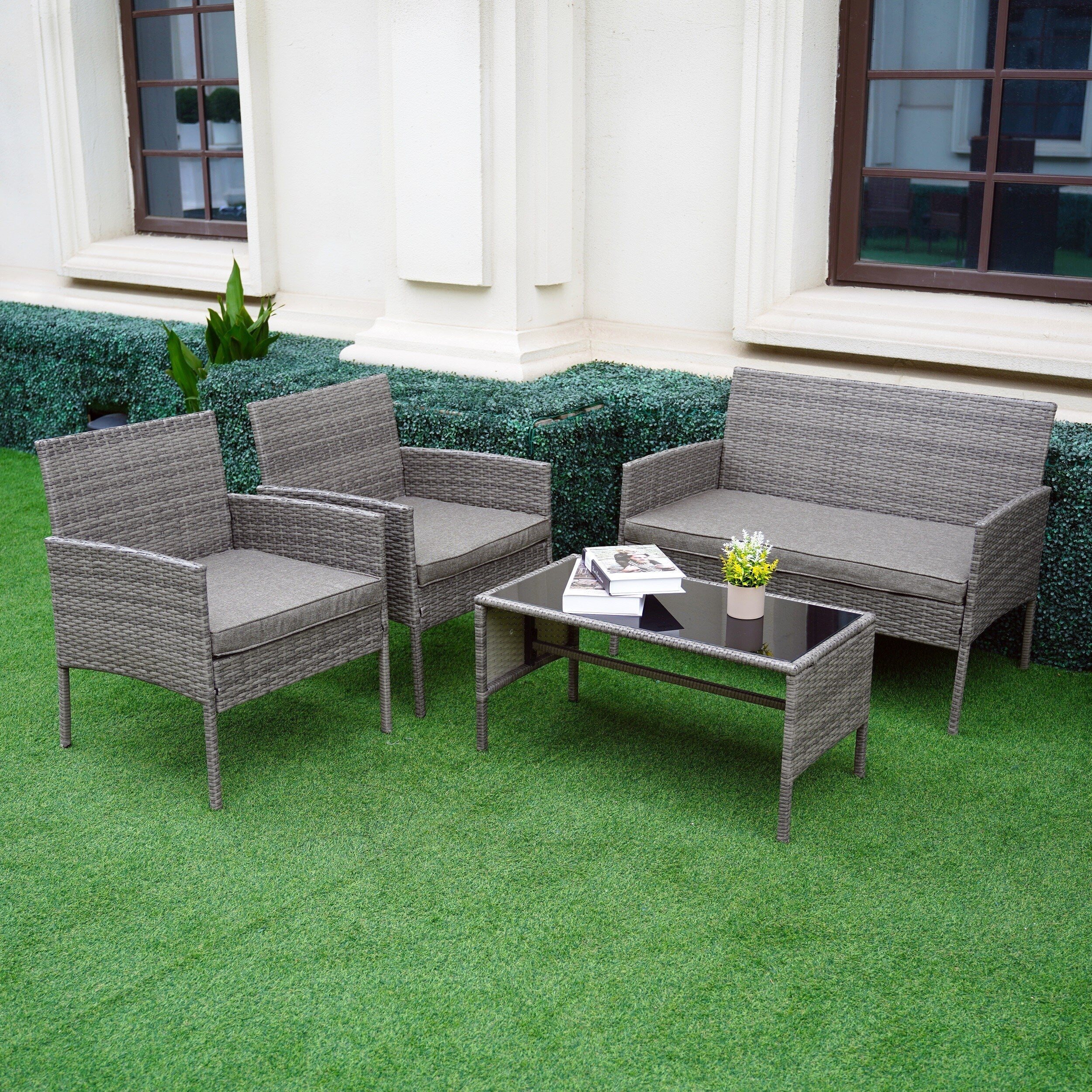 4 Piece Patio Conversation Wicker Furniture Set, Outdoor Rattan Sectional Furniture Set With Cushions for Yard Garden