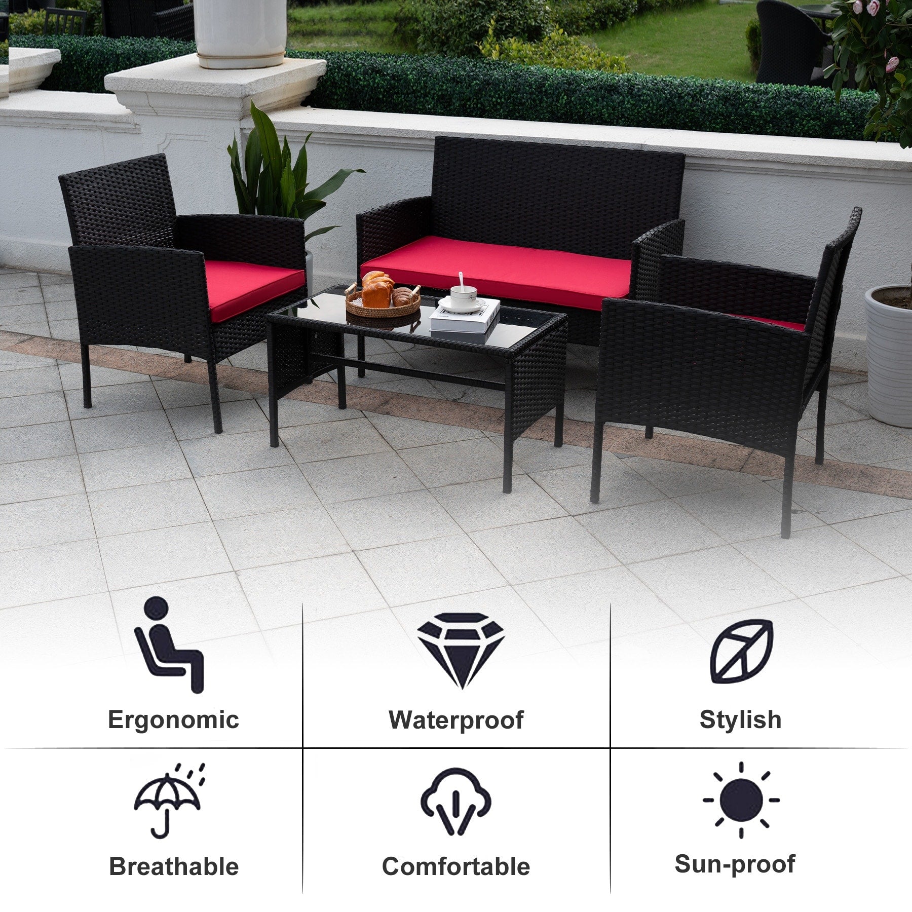 4 Piece Patio Conversation Wicker Furniture Set, Outdoor Rattan Sectional Furniture Set With Cushions for Yard Garden