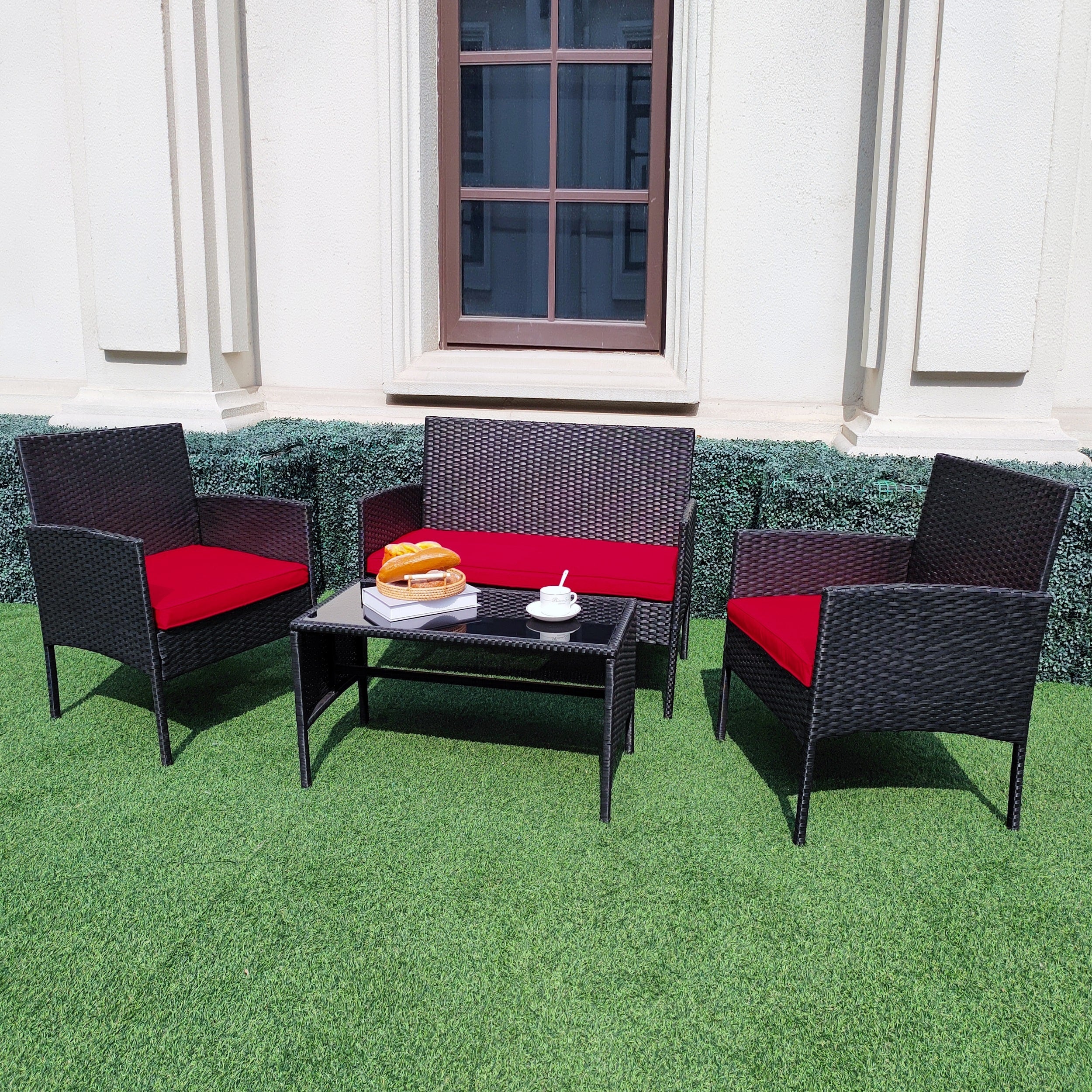 4 Piece Patio Conversation Wicker Furniture Set, Outdoor Rattan Sectional Furniture Set With Cushions for Yard Garden