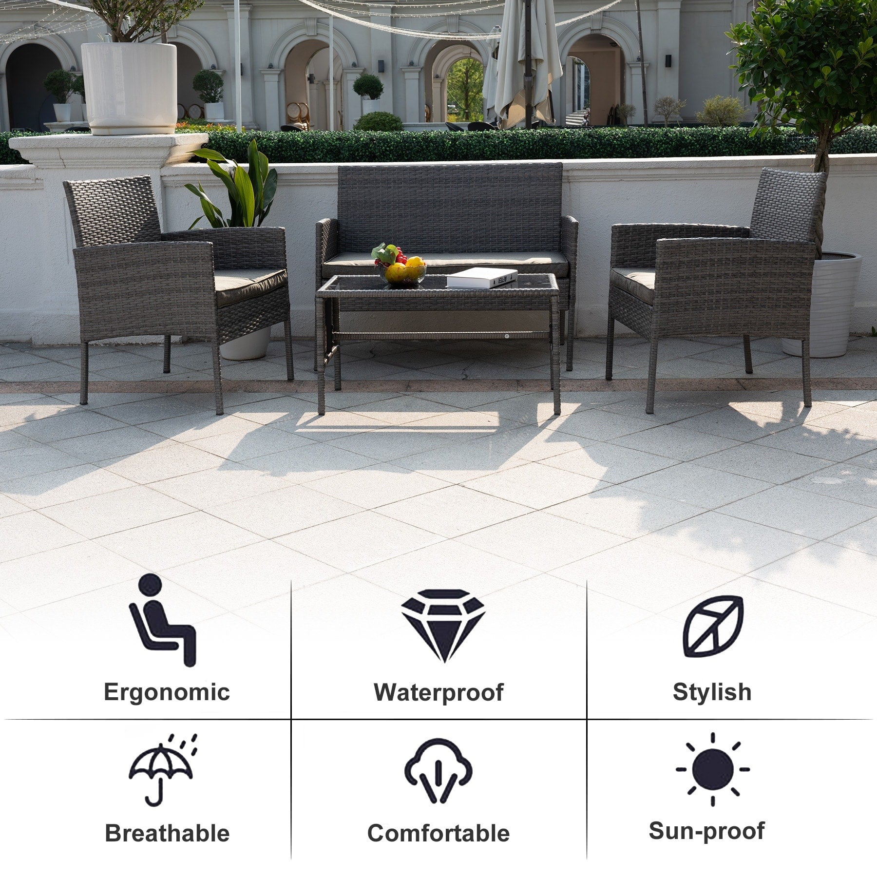4 Piece Patio Conversation Wicker Furniture Set, Outdoor Rattan Sectional Furniture Set With Cushions for Yard Garden