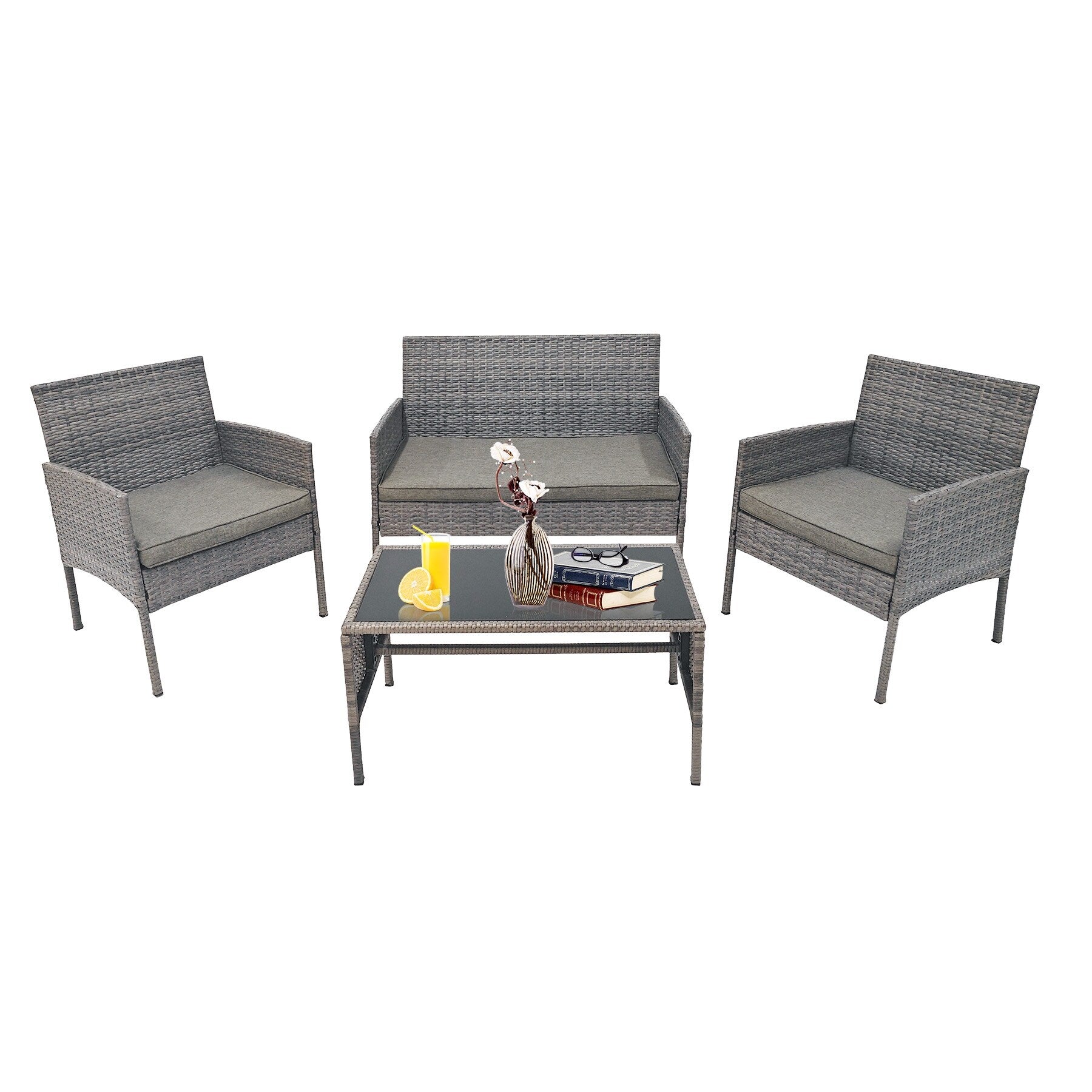 4 Piece Patio Conversation Wicker Furniture Set, Outdoor Rattan Sectional Furniture Set With Cushions for Yard Garden