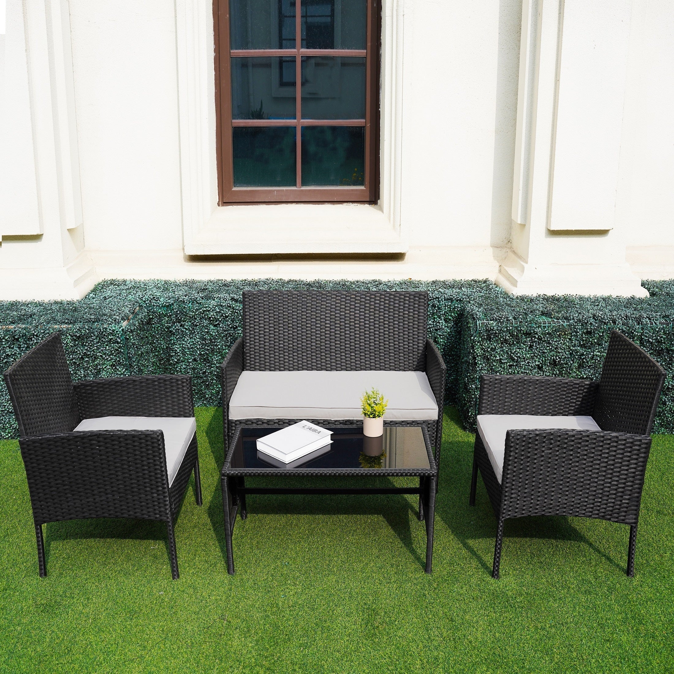 4 Piece Patio Conversation Wicker Furniture Set, Outdoor Rattan Sectional Furniture Set With Cushions for Yard Garden