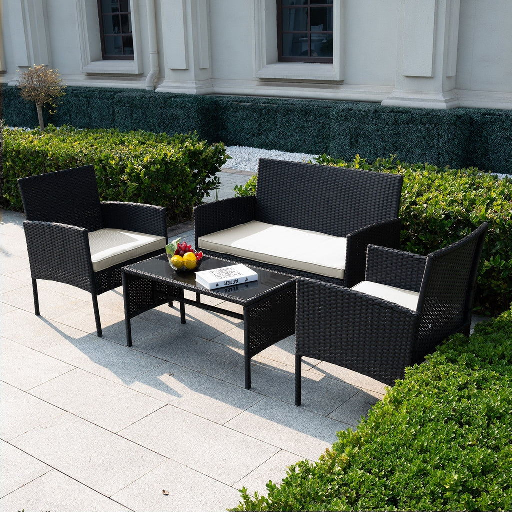 4 Piece Patio Conversation Wicker Furniture Set, Outdoor Rattan Sectional Furniture Set With Cushions for Yard Garden