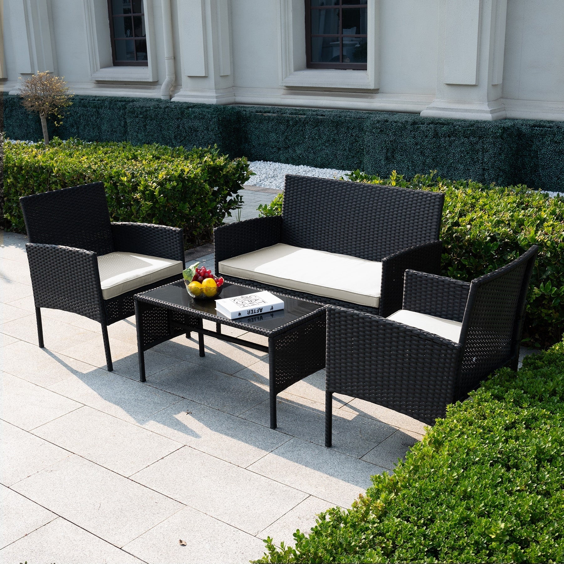 4 Piece Patio Conversation Wicker Furniture Set, Outdoor Rattan Sectional Furniture Set With Cushions for Yard Garden