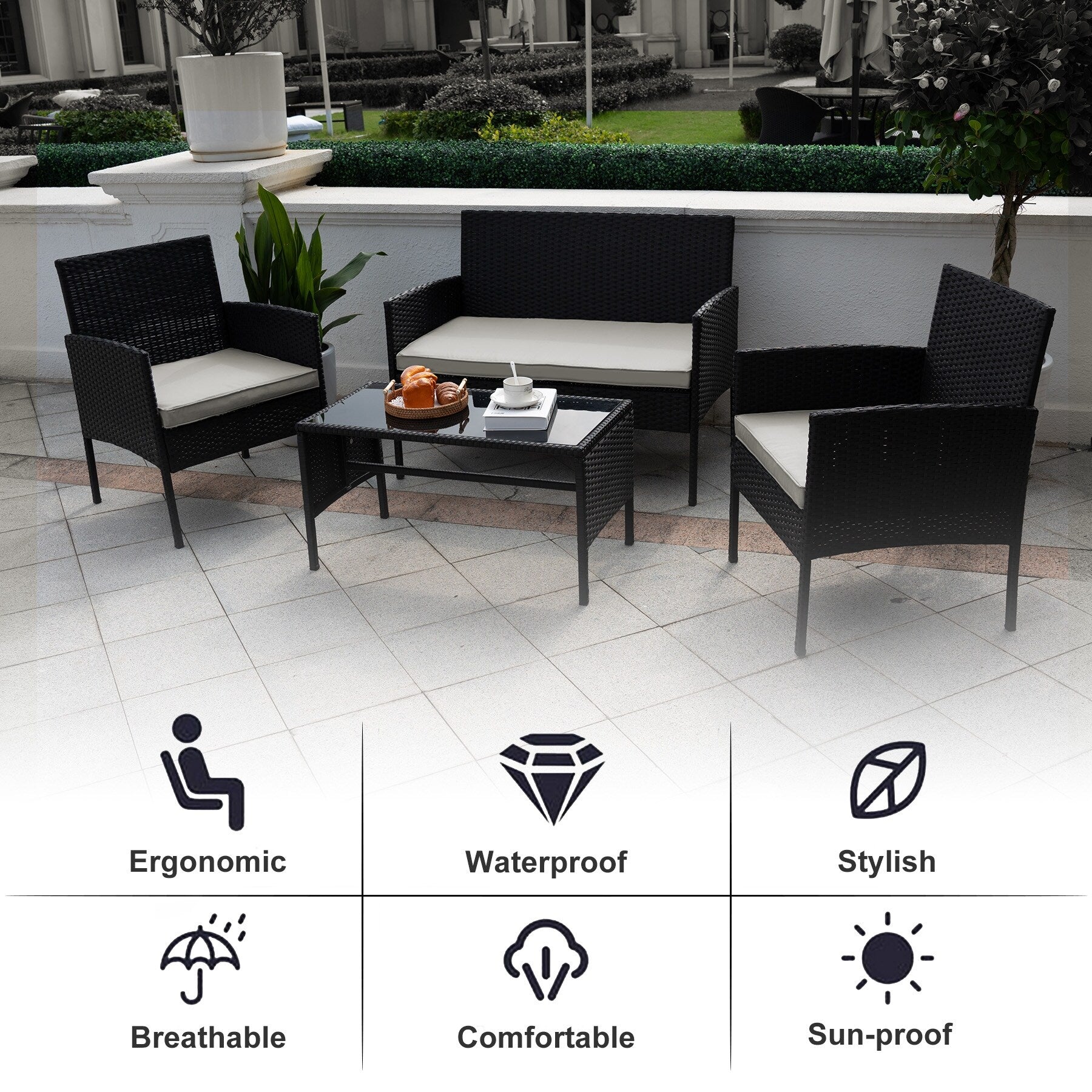 4 Piece Patio Conversation Wicker Furniture Set, Outdoor Rattan Sectional Furniture Set With Cushions for Yard Garden