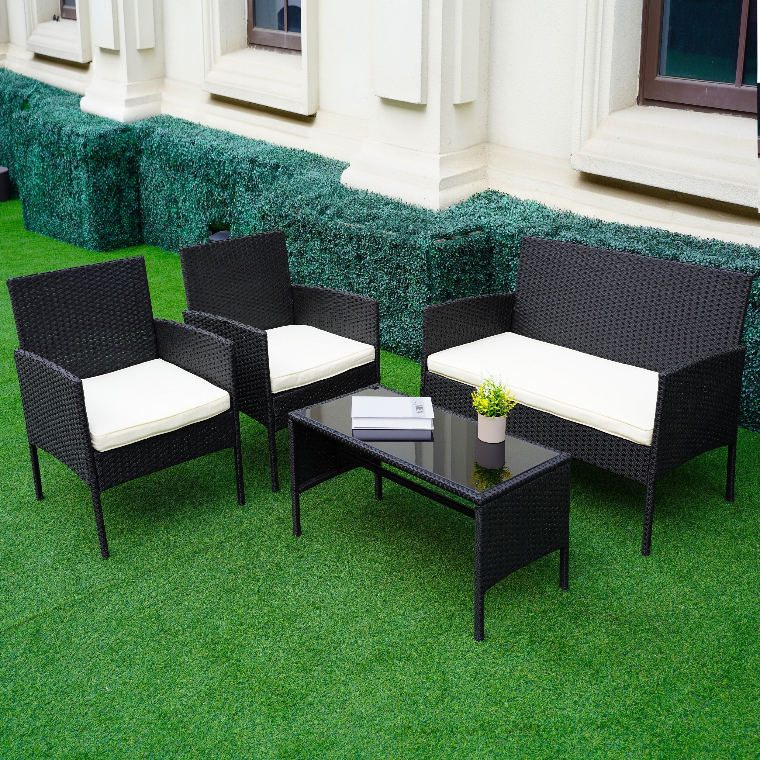 4 Piece Patio Conversation Wicker Furniture Set, Outdoor Rattan Sectional Furniture Set With Cushions for Yard Garden