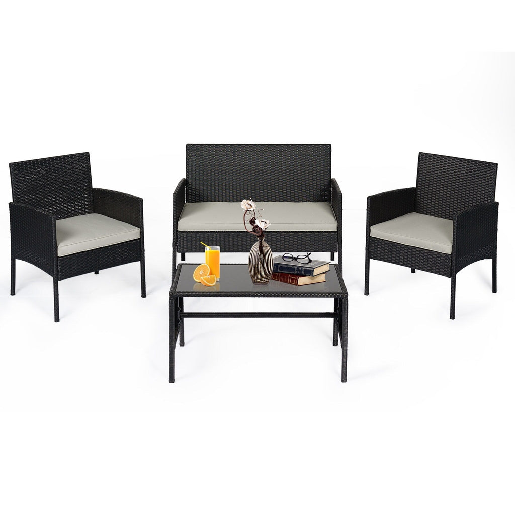 4 Piece Patio Conversation Wicker Furniture Set, Outdoor Rattan Sectional Furniture Set With Cushions for Yard Garden