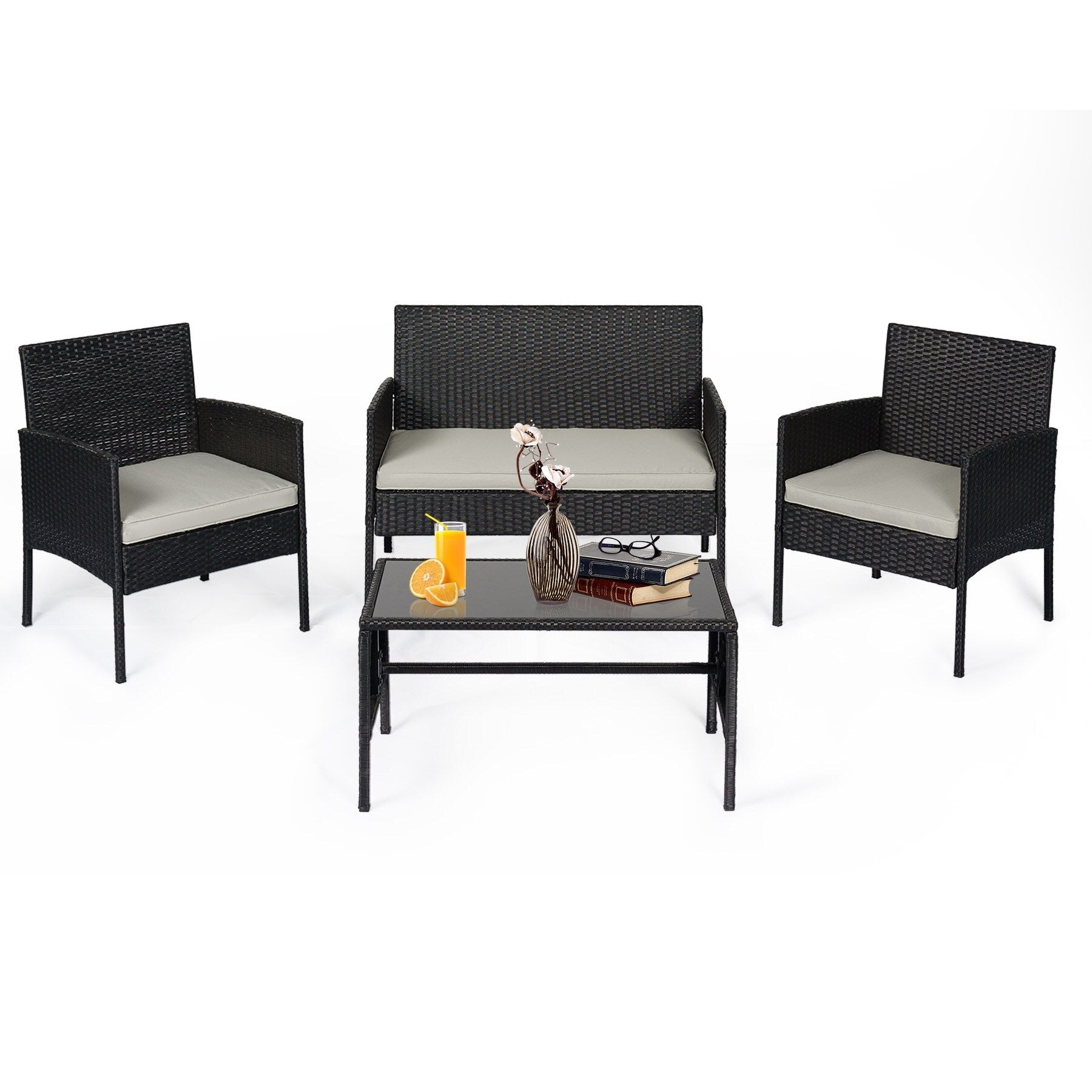 4 Piece Patio Conversation Wicker Furniture Set, Outdoor Rattan Sectional Furniture Set With Cushions for Yard Garden