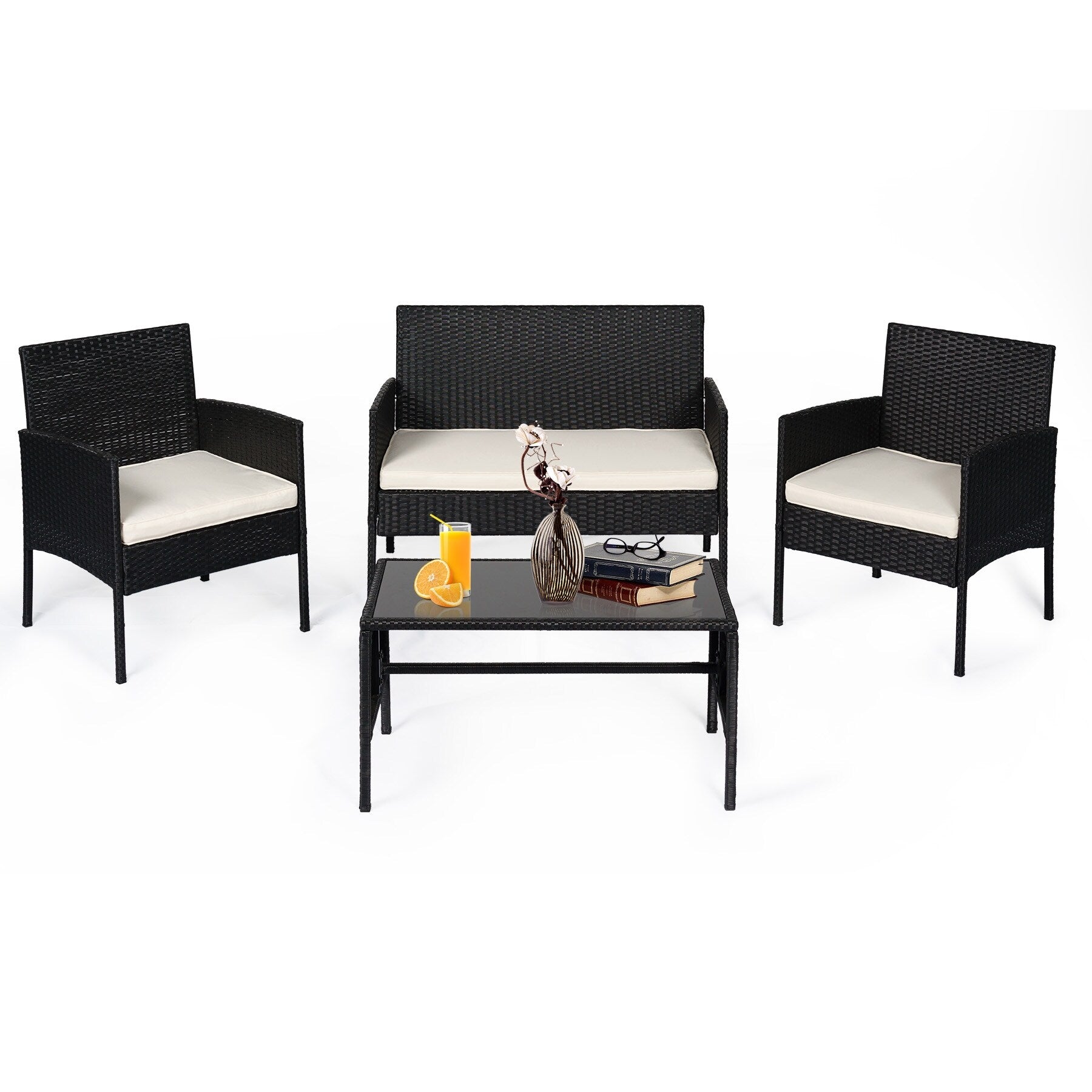4 Piece Patio Conversation Wicker Furniture Set, Outdoor Rattan Sectional Furniture Set With Cushions for Yard Garden