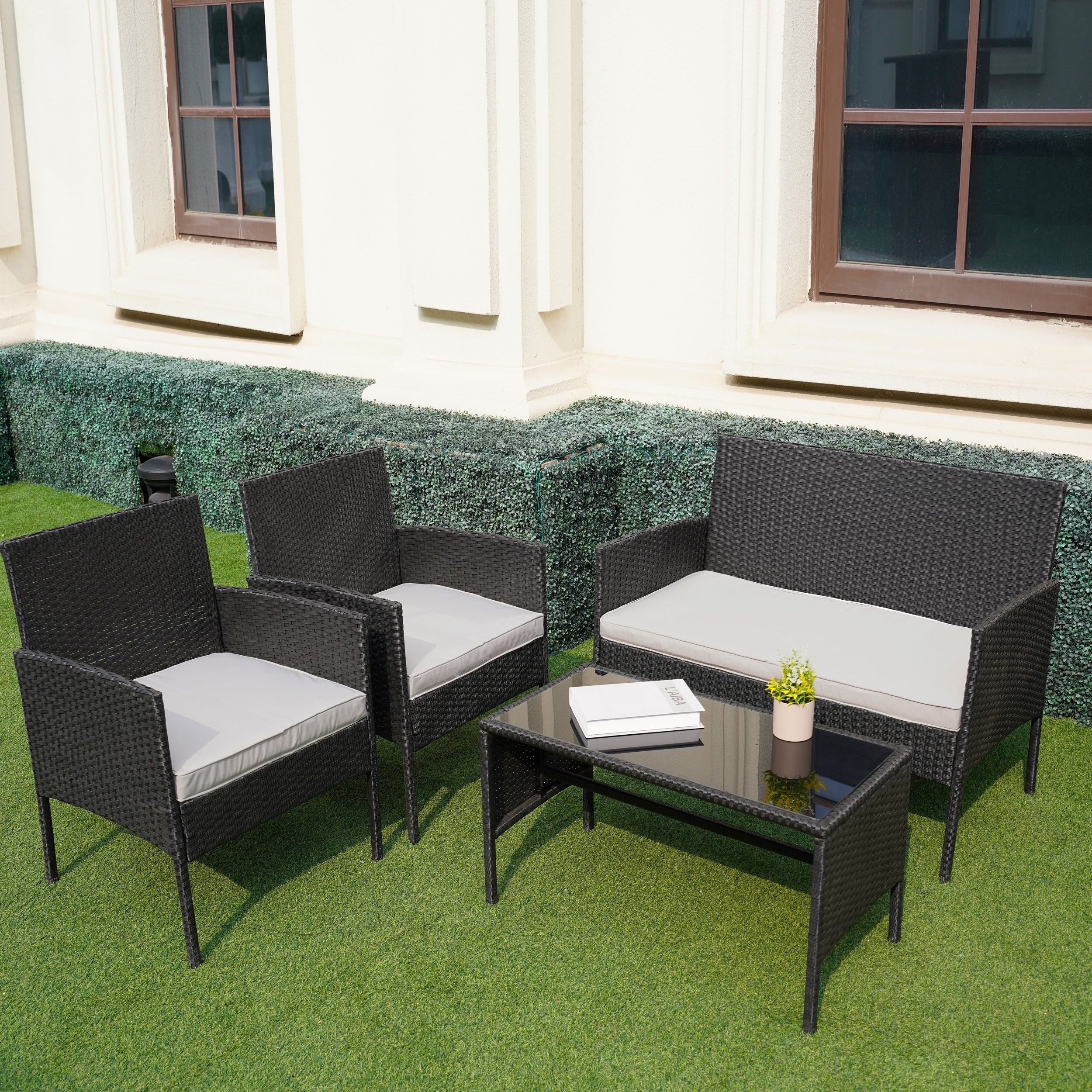 4 Piece Patio Conversation Wicker Furniture Set, Outdoor Rattan Sectional Furniture Set With Cushions for Yard Garden