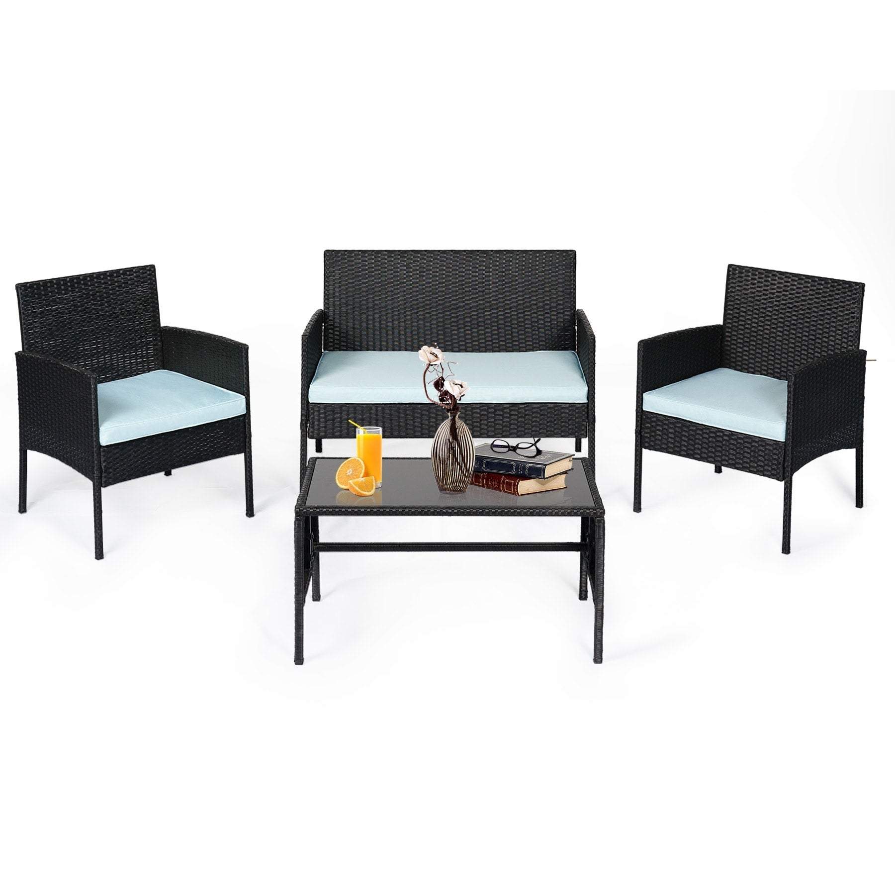 4 Piece Patio Conversation Wicker Furniture Set, Outdoor Rattan Sectional Furniture Set With Cushions for Yard Garden