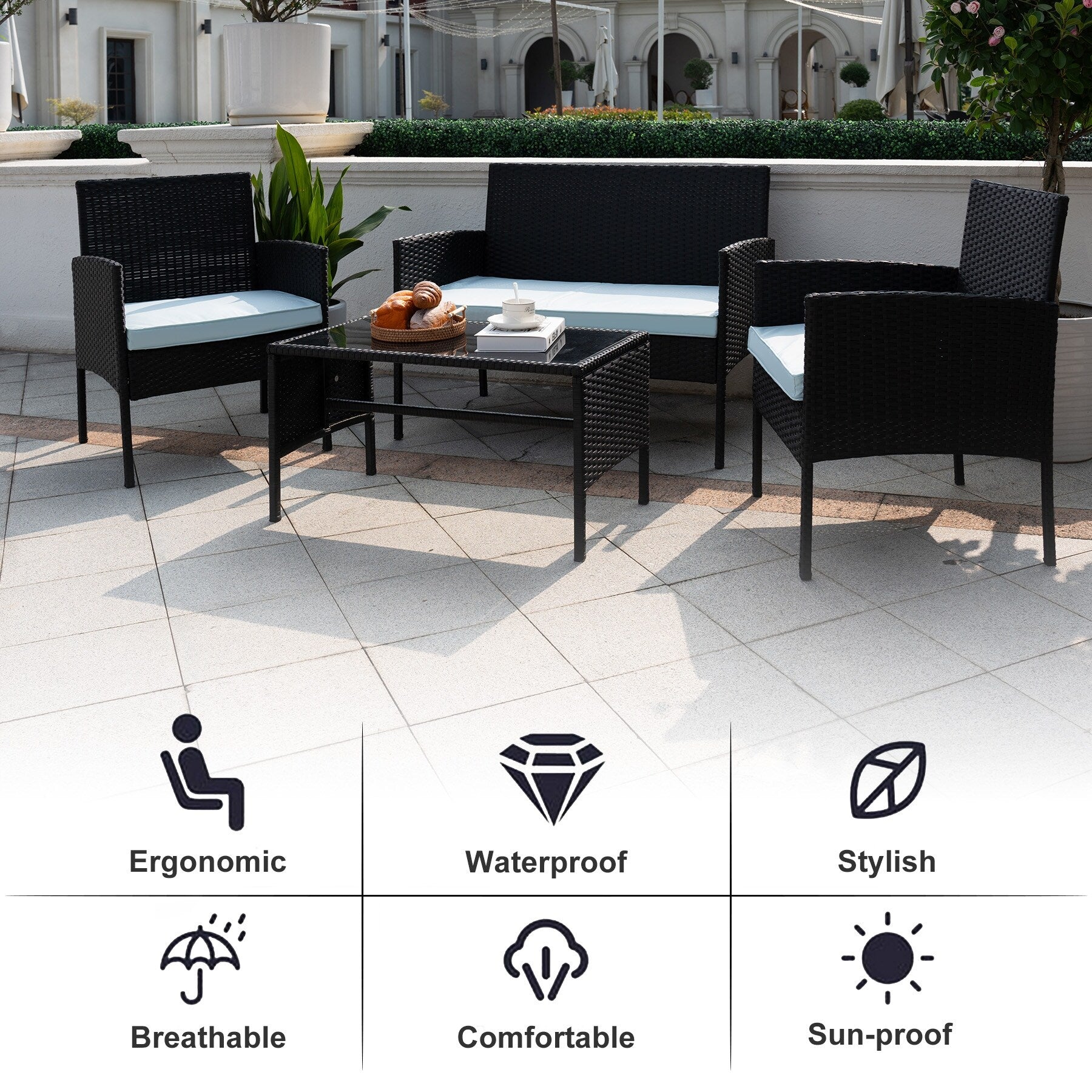 4 Piece Patio Conversation Wicker Furniture Set, Outdoor Rattan Sectional Furniture Set With Cushions for Yard Garden