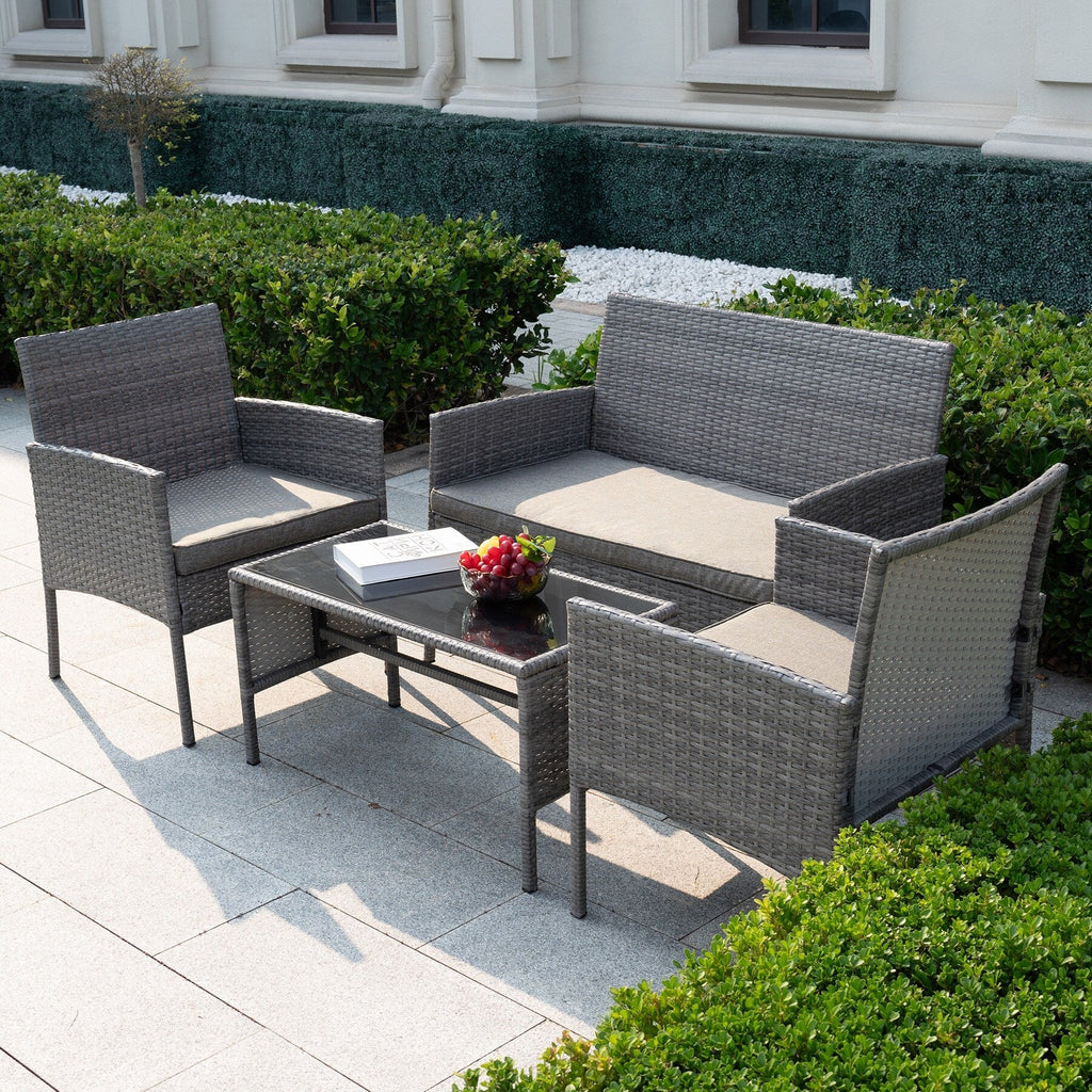 4 Piece Patio Conversation Wicker Furniture Set, Outdoor Rattan Sectional Furniture Set With Cushions for Yard Garden