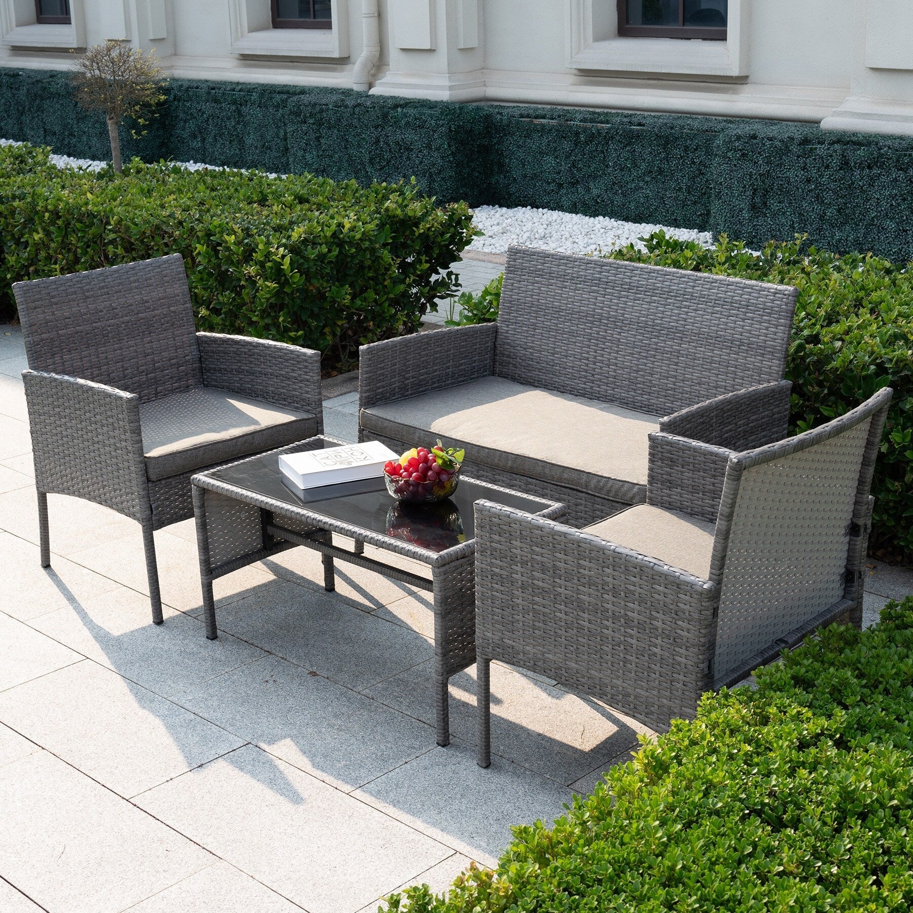 4 Piece Patio Conversation Wicker Furniture Set, Outdoor Rattan Sectional Furniture Set With Cushions for Yard Garden