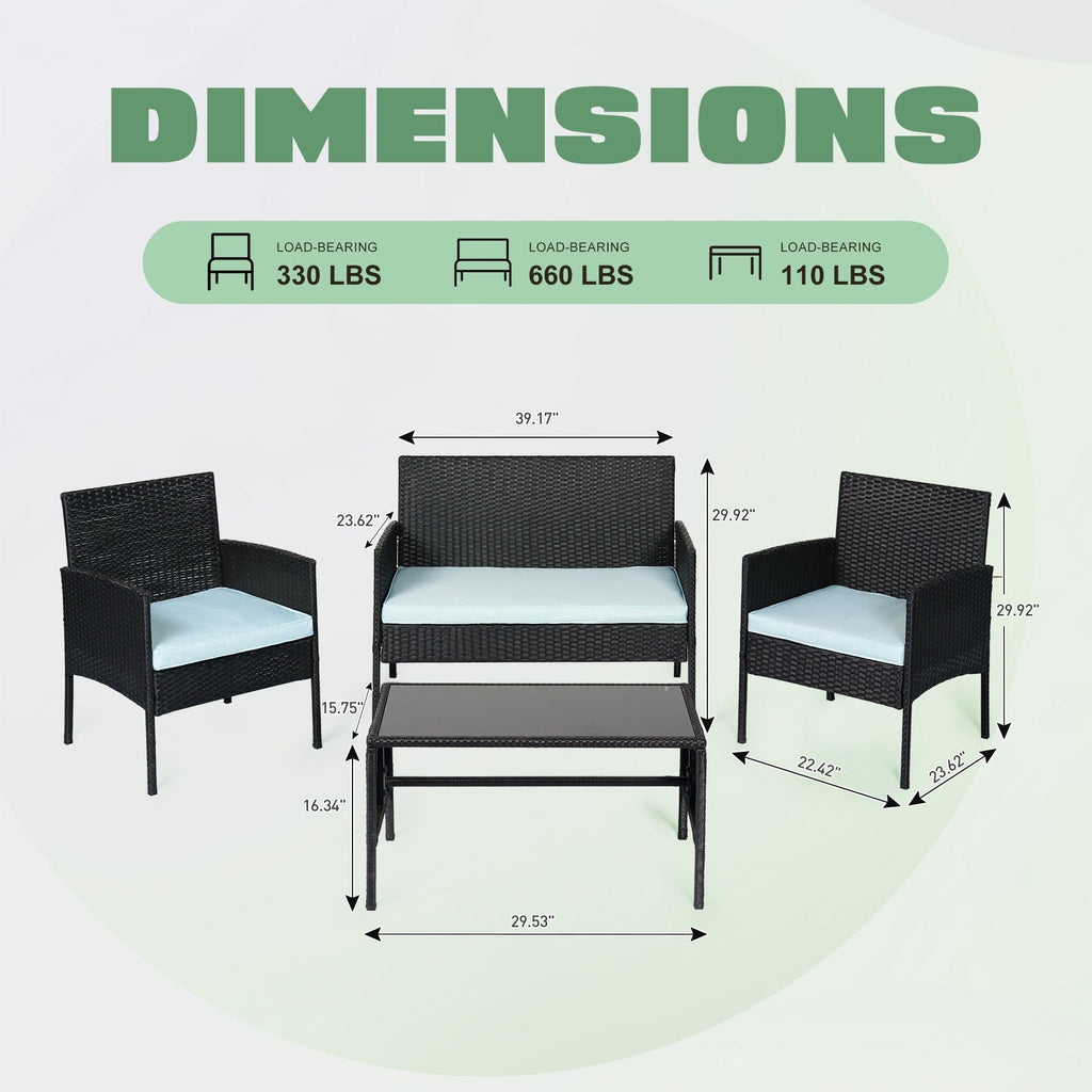 4 Piece Patio Conversation Wicker Furniture Set, Outdoor Rattan Sectional Furniture Set With Cushions for Yard Garden