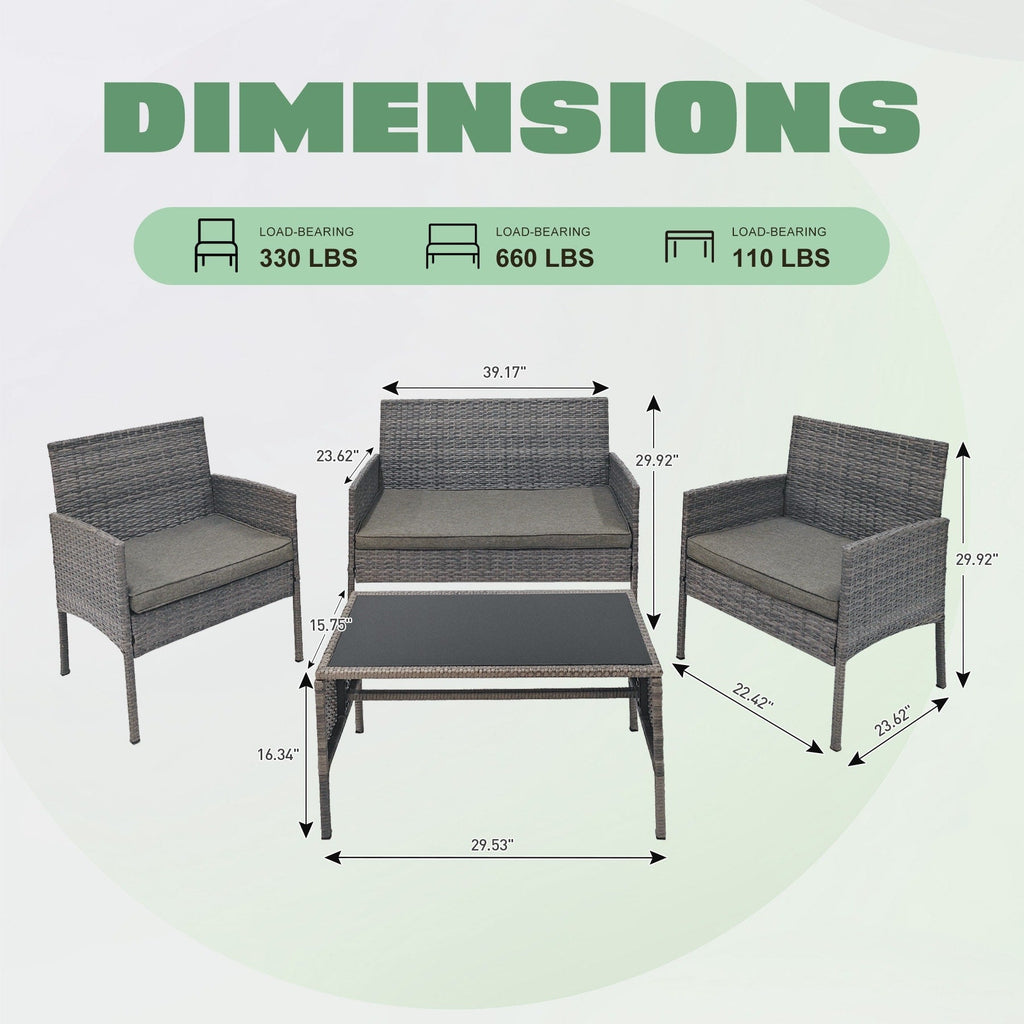 4 Piece Patio Conversation Wicker Furniture Set, Outdoor Rattan Sectional Furniture Set With Cushions for Yard Garden