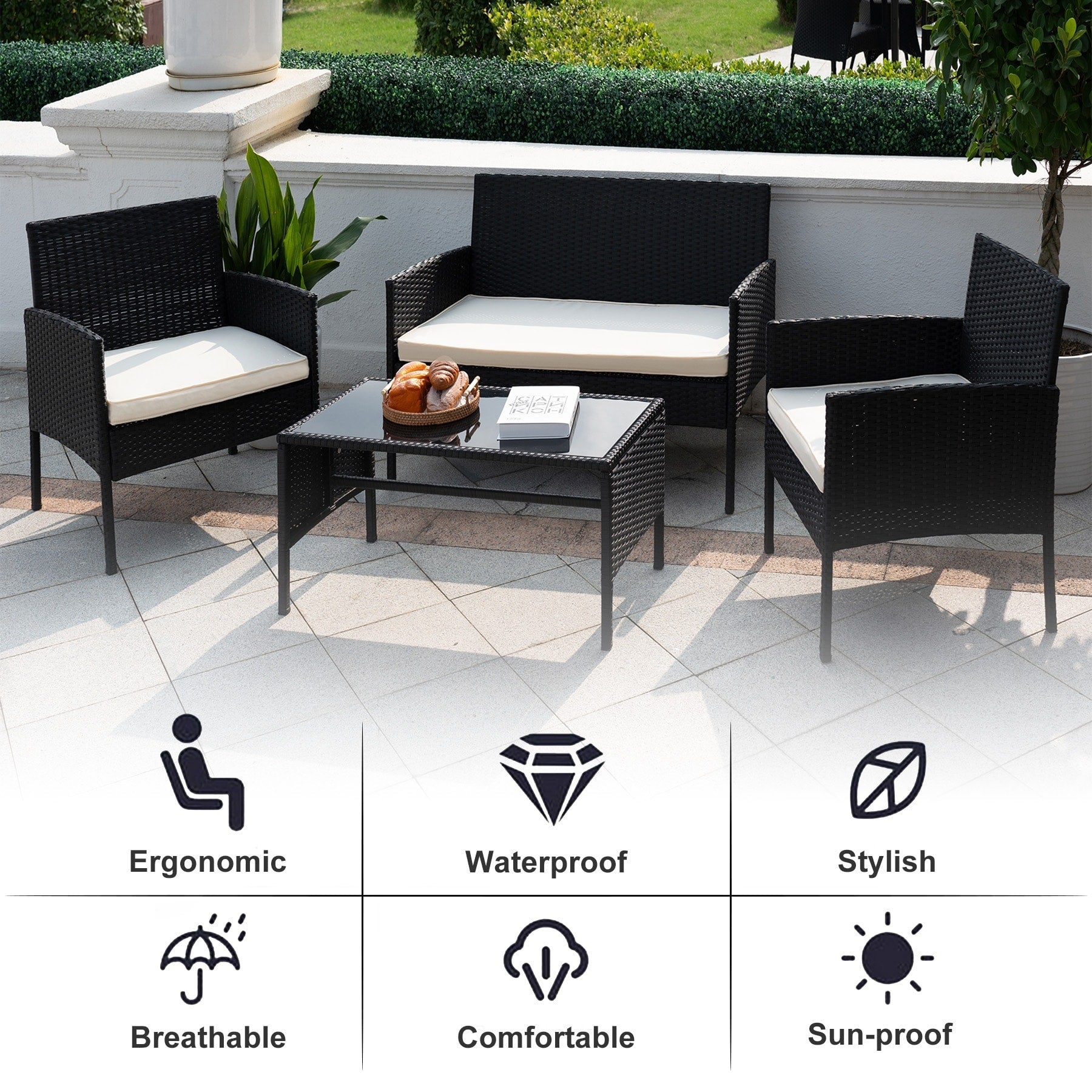 4 Piece Patio Conversation Wicker Furniture Set, Outdoor Rattan Sectional Furniture Set With Cushions for Yard Garden