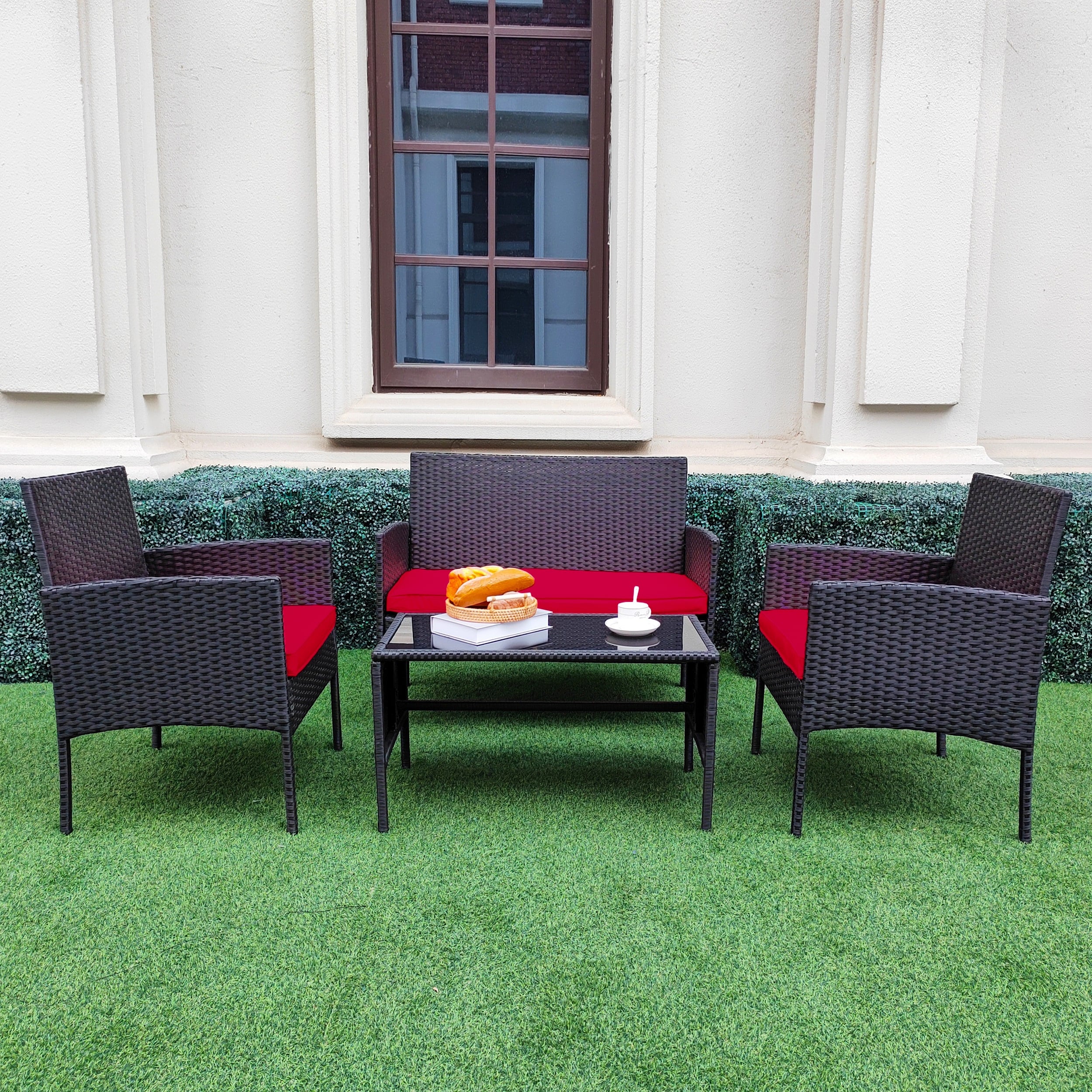 4 Piece Patio Conversation Wicker Furniture Set, Outdoor Rattan Sectional Furniture Set With Cushions for Yard Garden