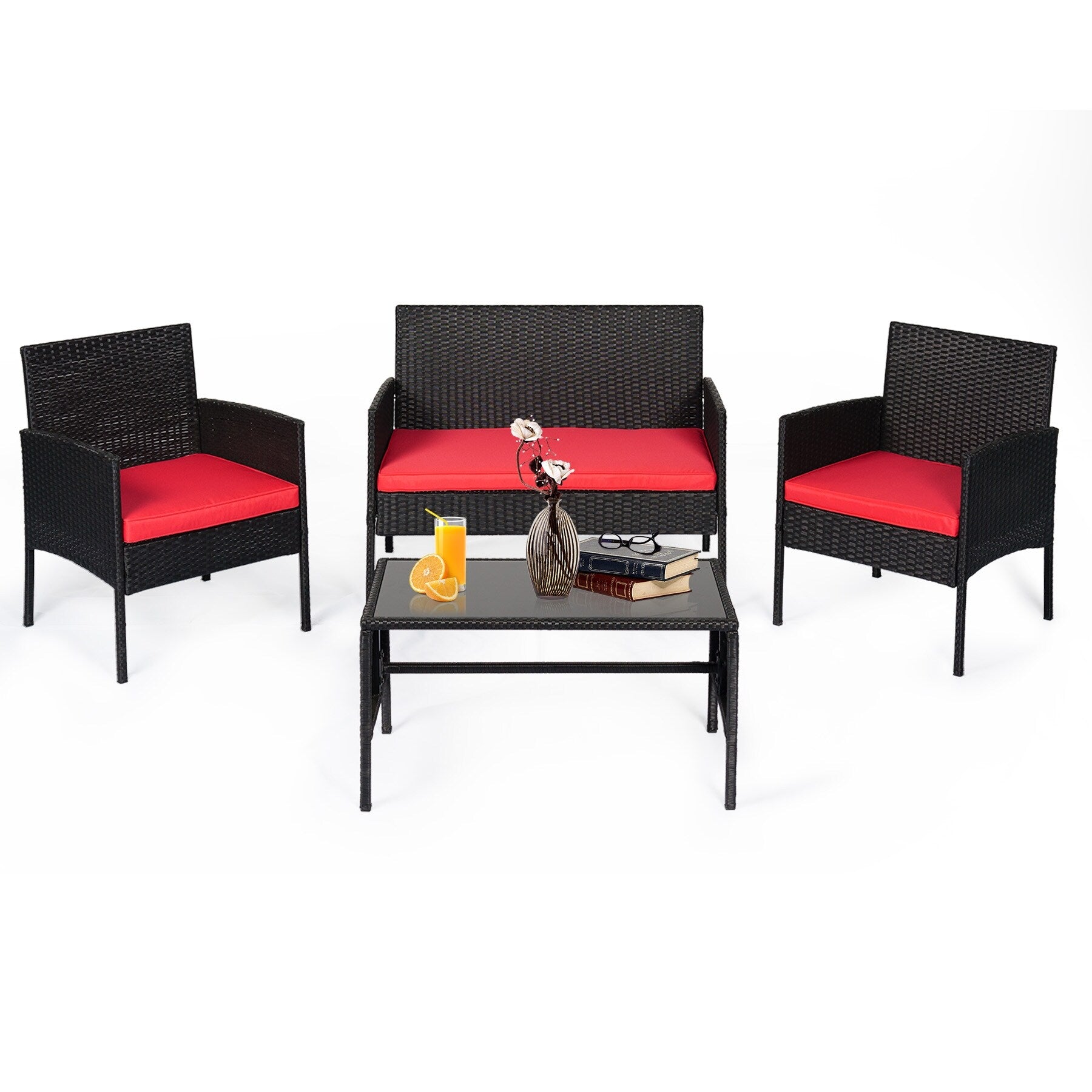 4 Piece Patio Conversation Wicker Furniture Set, Outdoor Rattan Sectional Furniture Set With Cushions for Yard Garden
