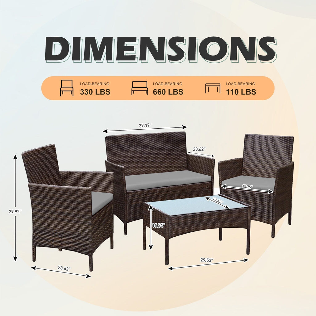 4 Piece Outdoor Patio Furniture Set With Cushions, Patio Wicker Conversation Set & Glass Coffee Table