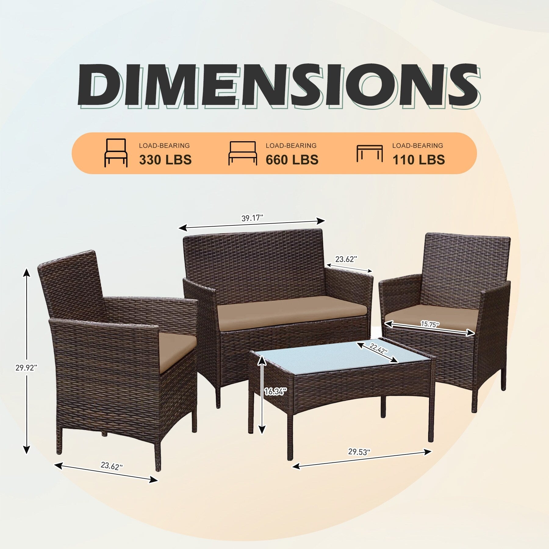4 Piece Outdoor Patio Furniture Set With Cushions, Patio Wicker Conversation Set & Glass Coffee Table