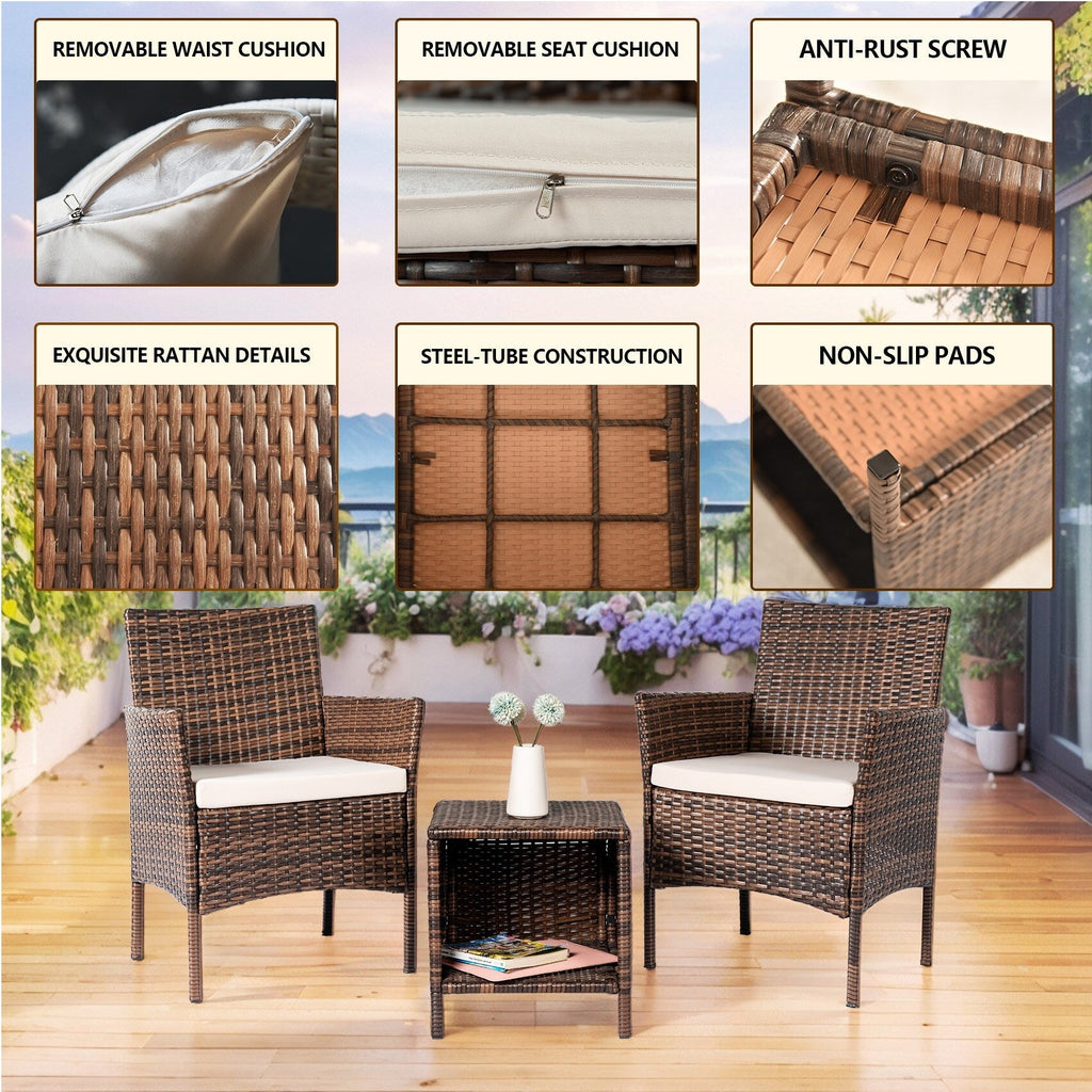 3 Piece Patio Conversation Bistro Set Outdoor Chat Furniture,Wicker Chairs and Storable Table Set,Porch Balcony Furniture Set