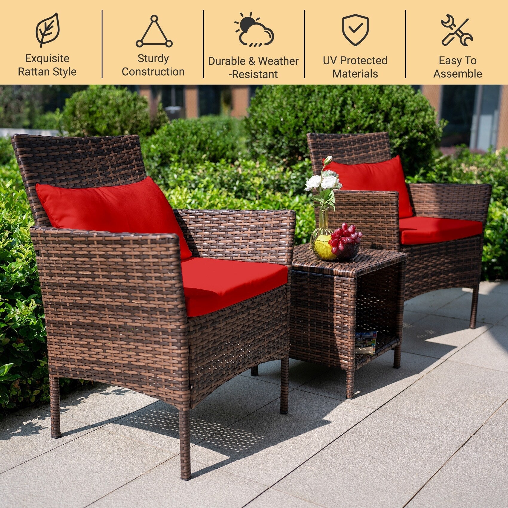 3 Piece Patio Conversation Bistro Set Outdoor Chat Furniture,Wicker Chairs and Storable Table Set,Porch Balcony Furniture Set