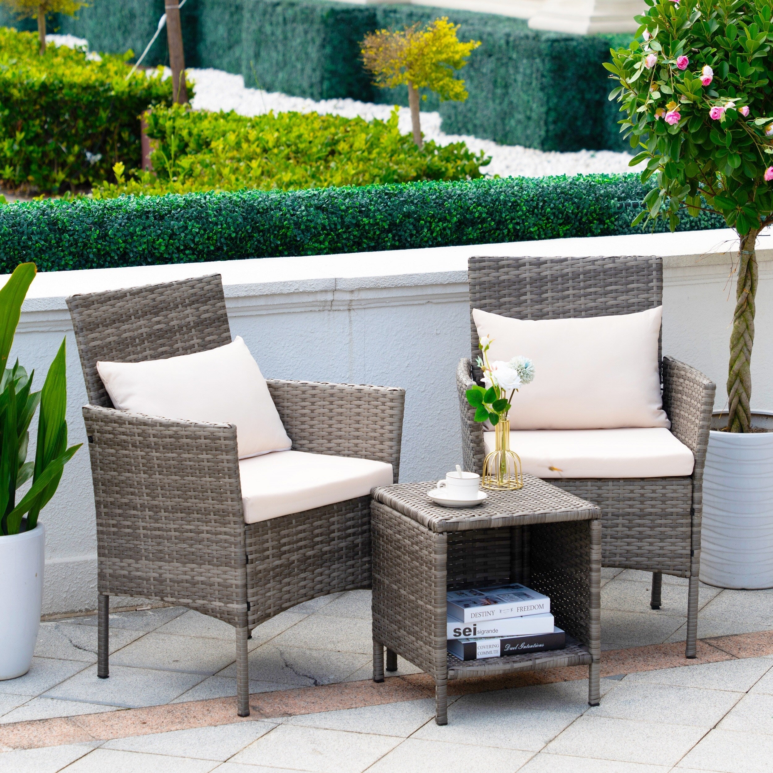3 Piece Patio Conversation Bistro Set Outdoor Chat Furniture,Wicker Chairs and Storable Table Set,Porch Balcony Furniture Set