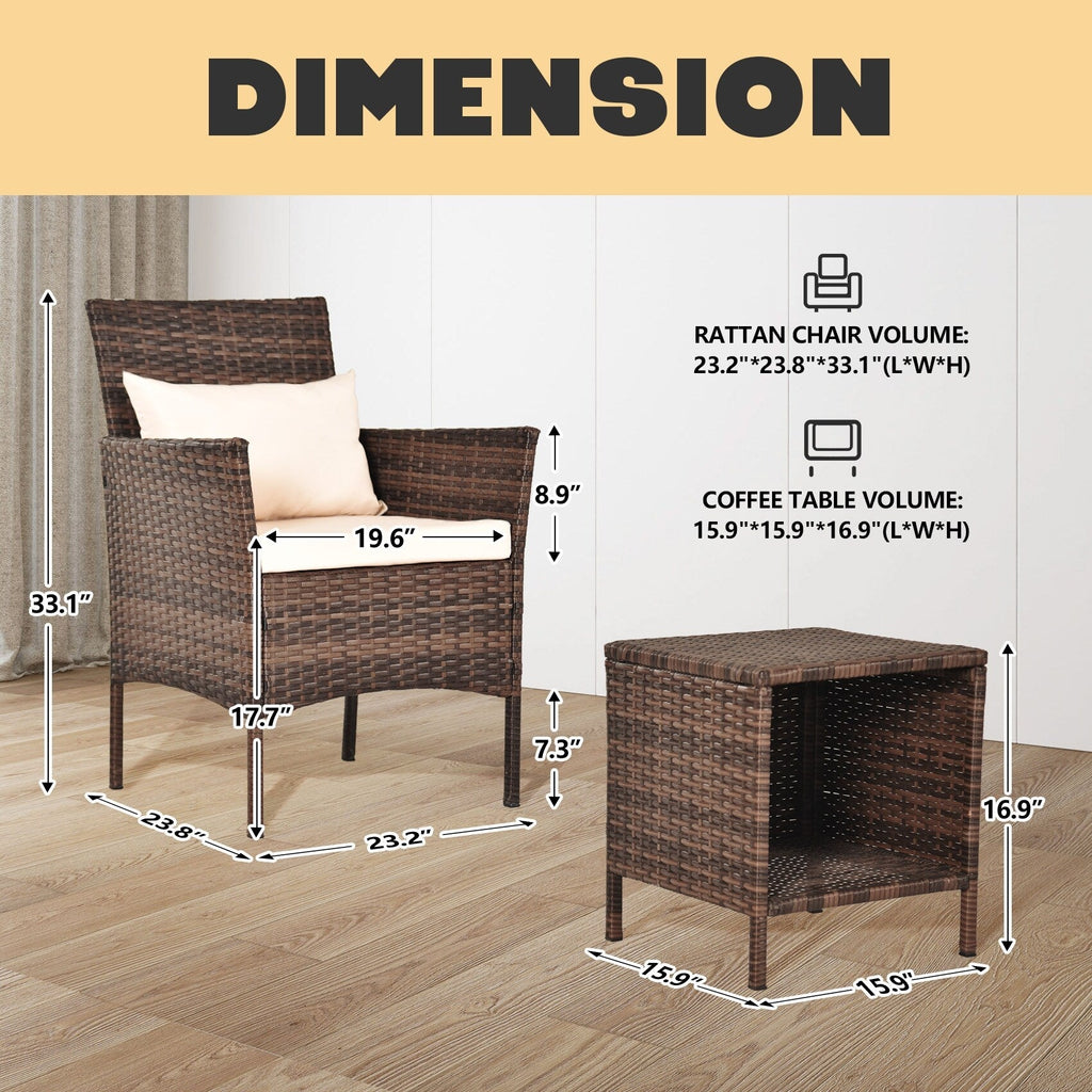 3 Piece Patio Conversation Bistro Set Outdoor Chat Furniture,Wicker Chairs and Storable Table Set,Porch Balcony Furniture Set