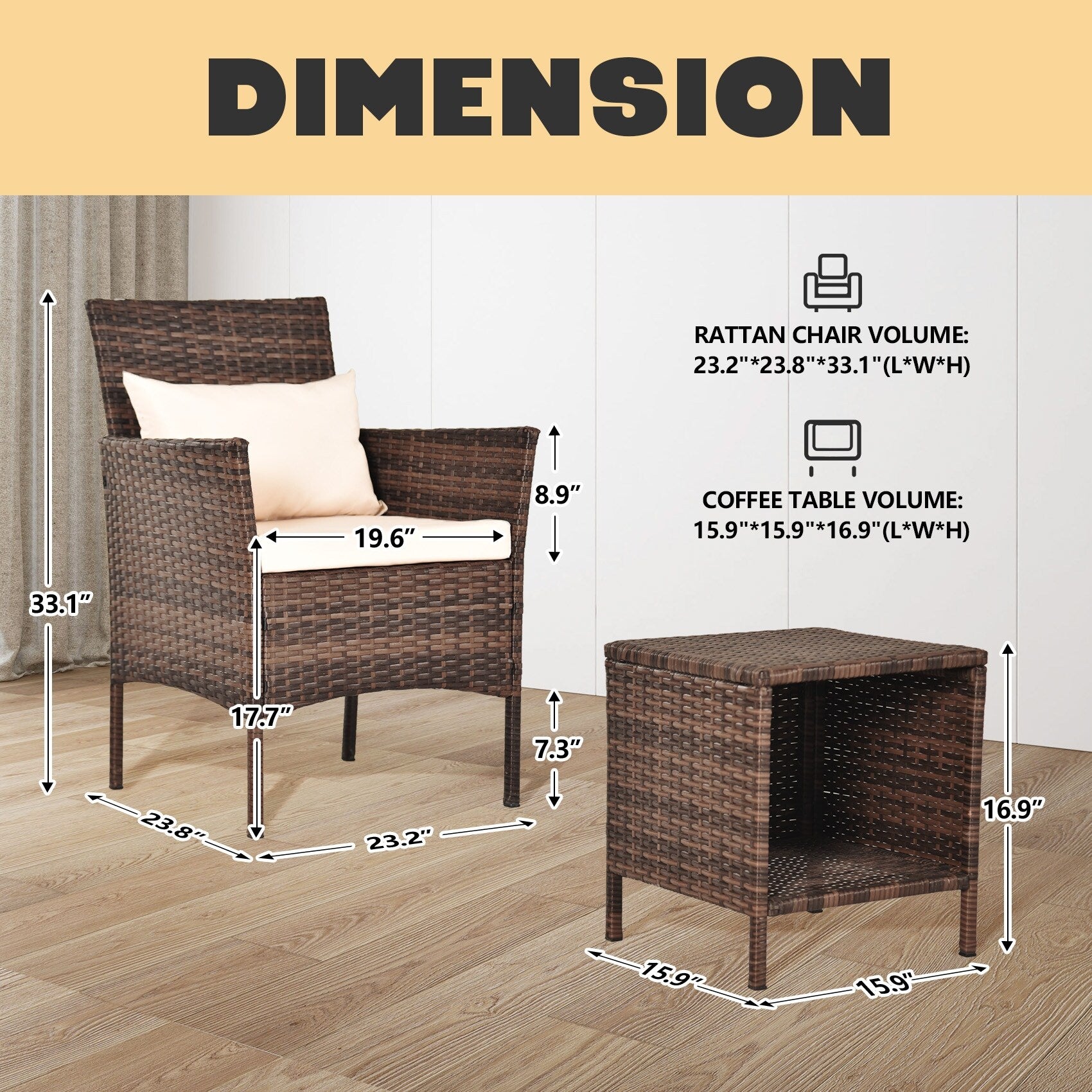3 Piece Patio Conversation Bistro Set Outdoor Chat Furniture,Wicker Chairs and Storable Table Set,Porch Balcony Furniture Set