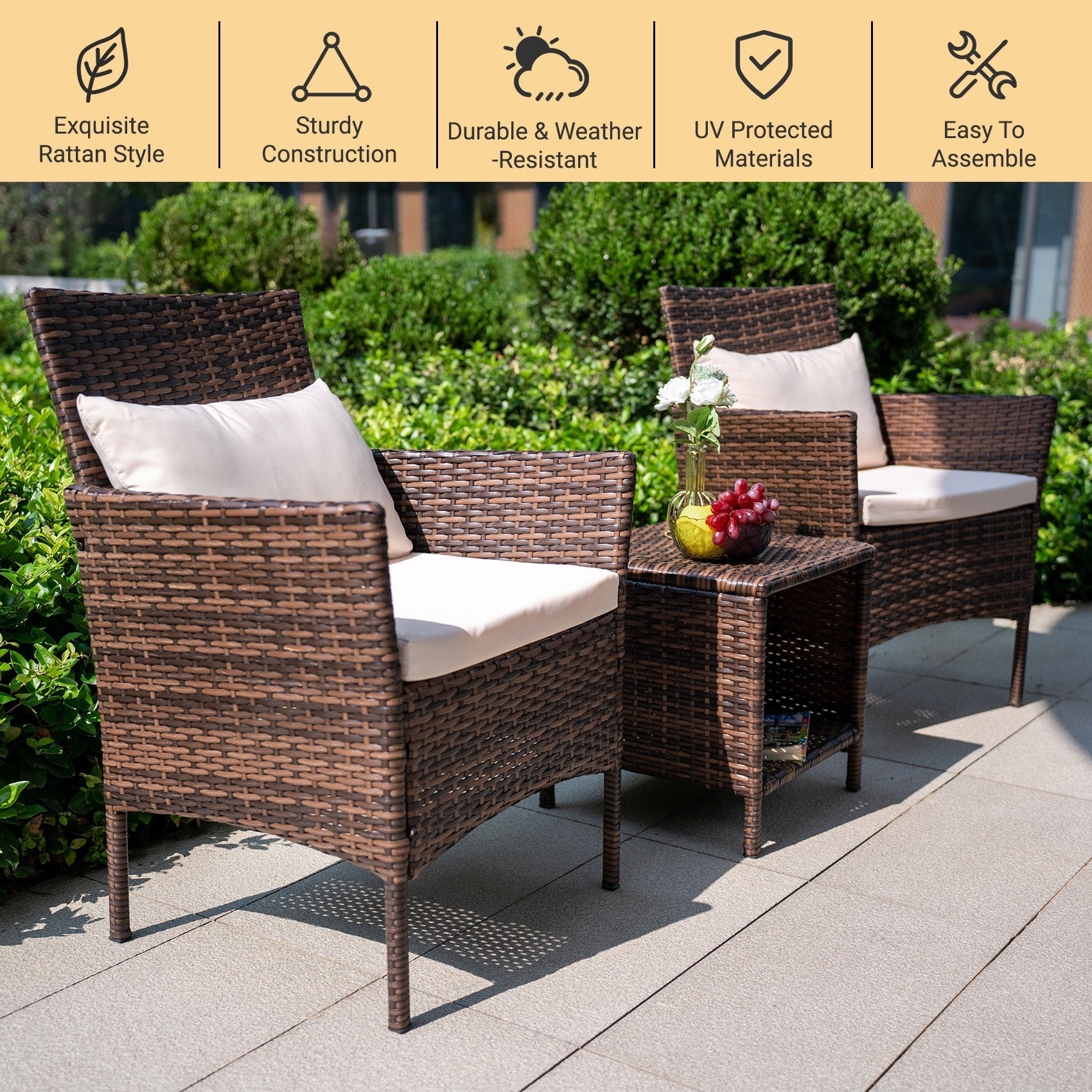 3 Piece Patio Conversation Bistro Set Outdoor Chat Furniture,Wicker Chairs and Storable Table Set,Porch Balcony Furniture Set