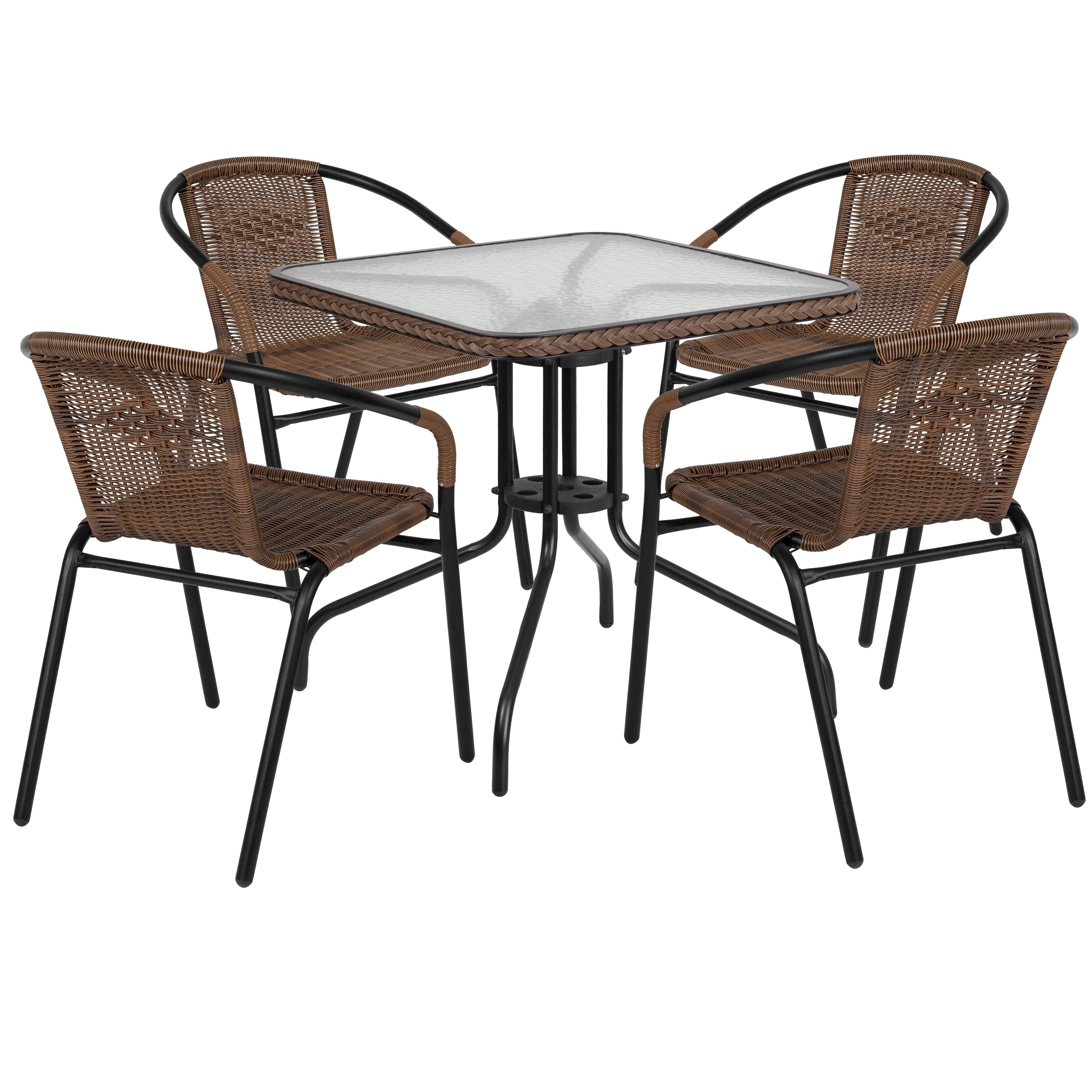 5-Piece Square Indoor/Outdoor Patio Table and Rattan Chairs Set - 28W x 28D x 28H