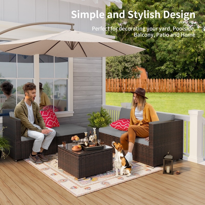 5-Pieces Outdoor Sectional Set, Patio Conversation Set, Rattan Sectional Sofa Set with Coffee Table