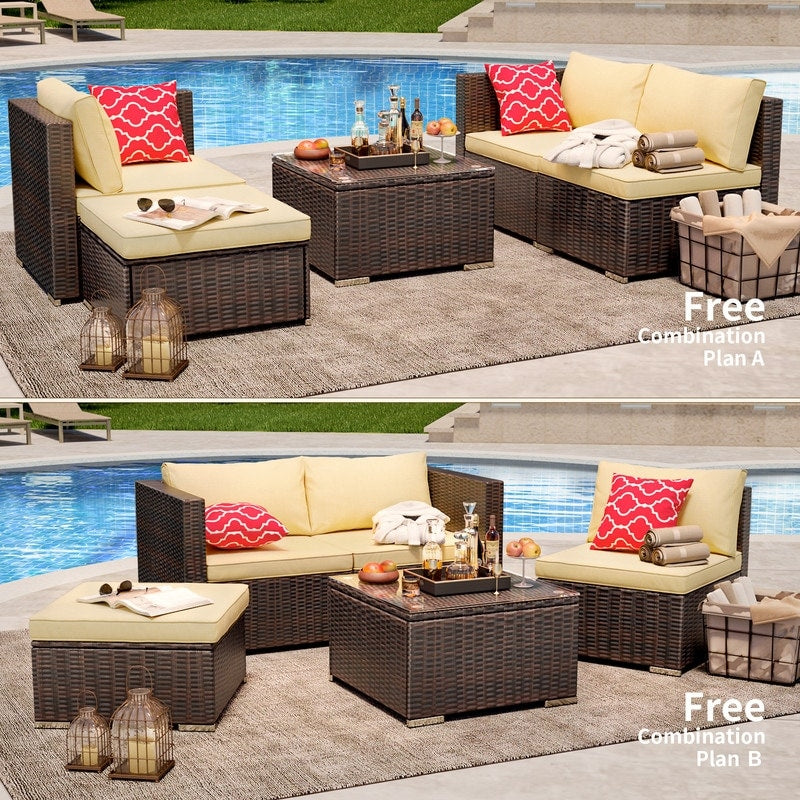 5-Pieces Outdoor Sectional Set, Patio Conversation Set, Rattan Sectional Sofa Set with Coffee Table