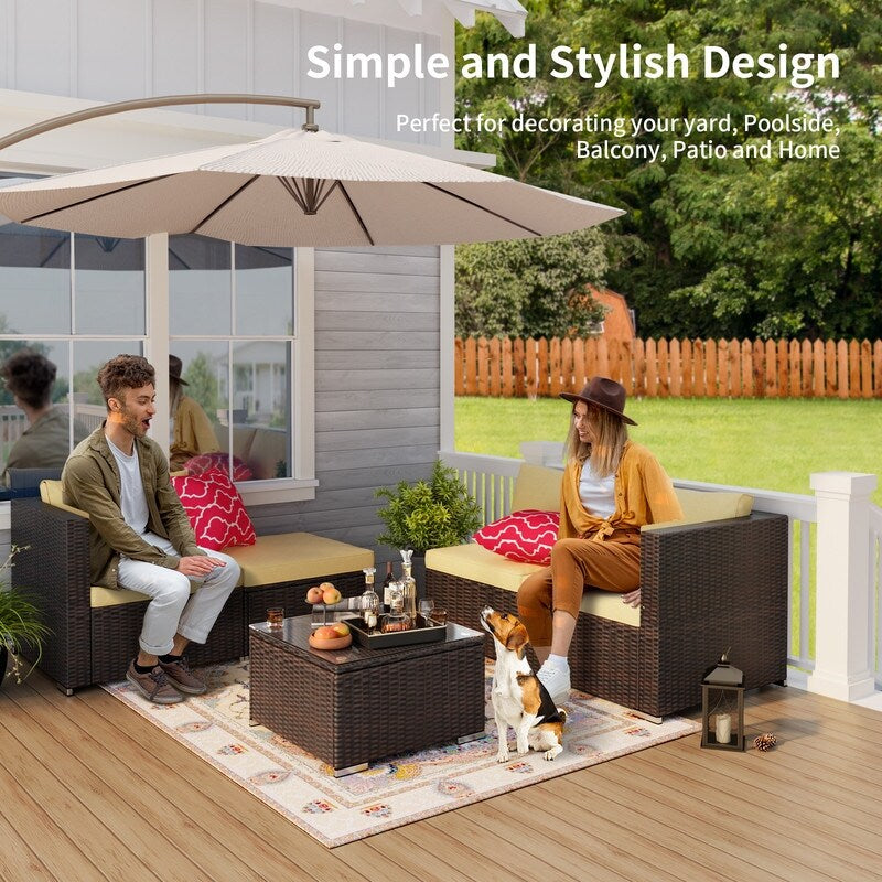 5-Pieces Outdoor Sectional Set, Patio Conversation Set, Rattan Sectional Sofa Set with Coffee Table