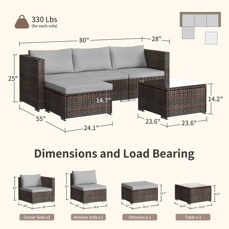 5-Pieces Outdoor Sectional Set, Patio Conversation Set, Rattan Sectional Sofa Set with Coffee Table