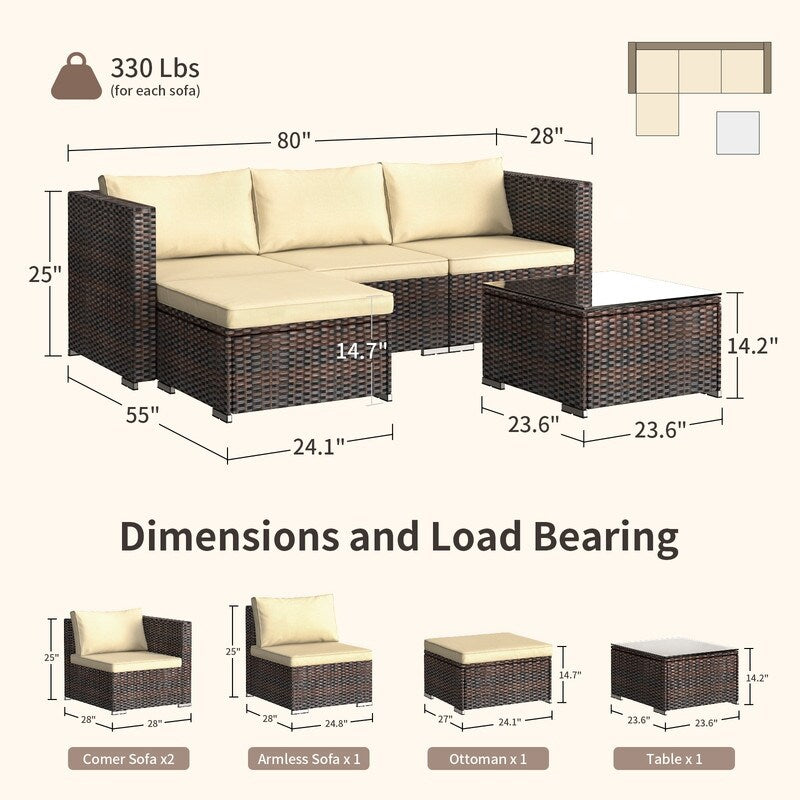5-Pieces Outdoor Sectional Set, Patio Conversation Set, Rattan Sectional Sofa Set with Coffee Table