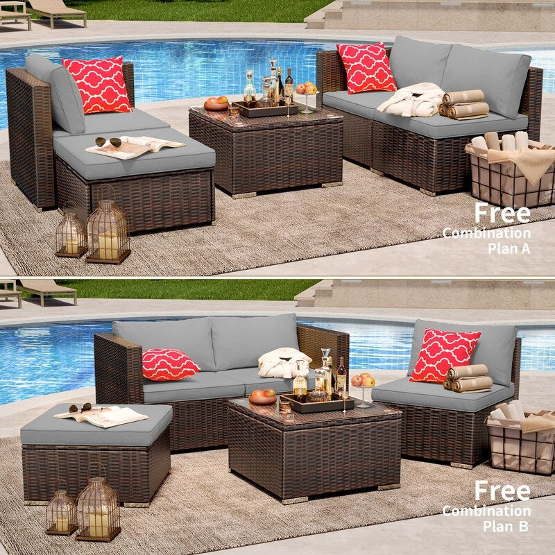 5-Pieces Outdoor Sectional Set, Patio Conversation Set, Rattan Sectional Sofa Set with Coffee Table