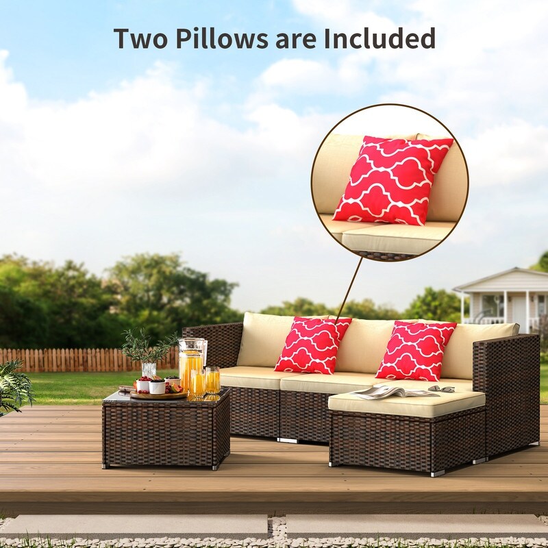 5-Pieces Outdoor Sectional Set, Patio Conversation Set, Rattan Sectional Sofa Set with Coffee Table
