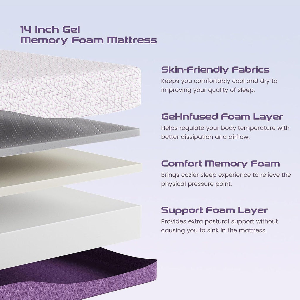 14 Inch Bamboo Charcoal Gel Memory Foam Mattress,Suitable for Adjustable bed