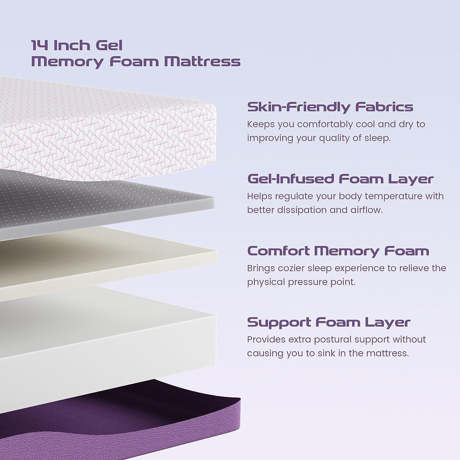 14 Inch Bamboo Charcoal Gel Memory Foam Mattress,Suitable for Adjustable bed