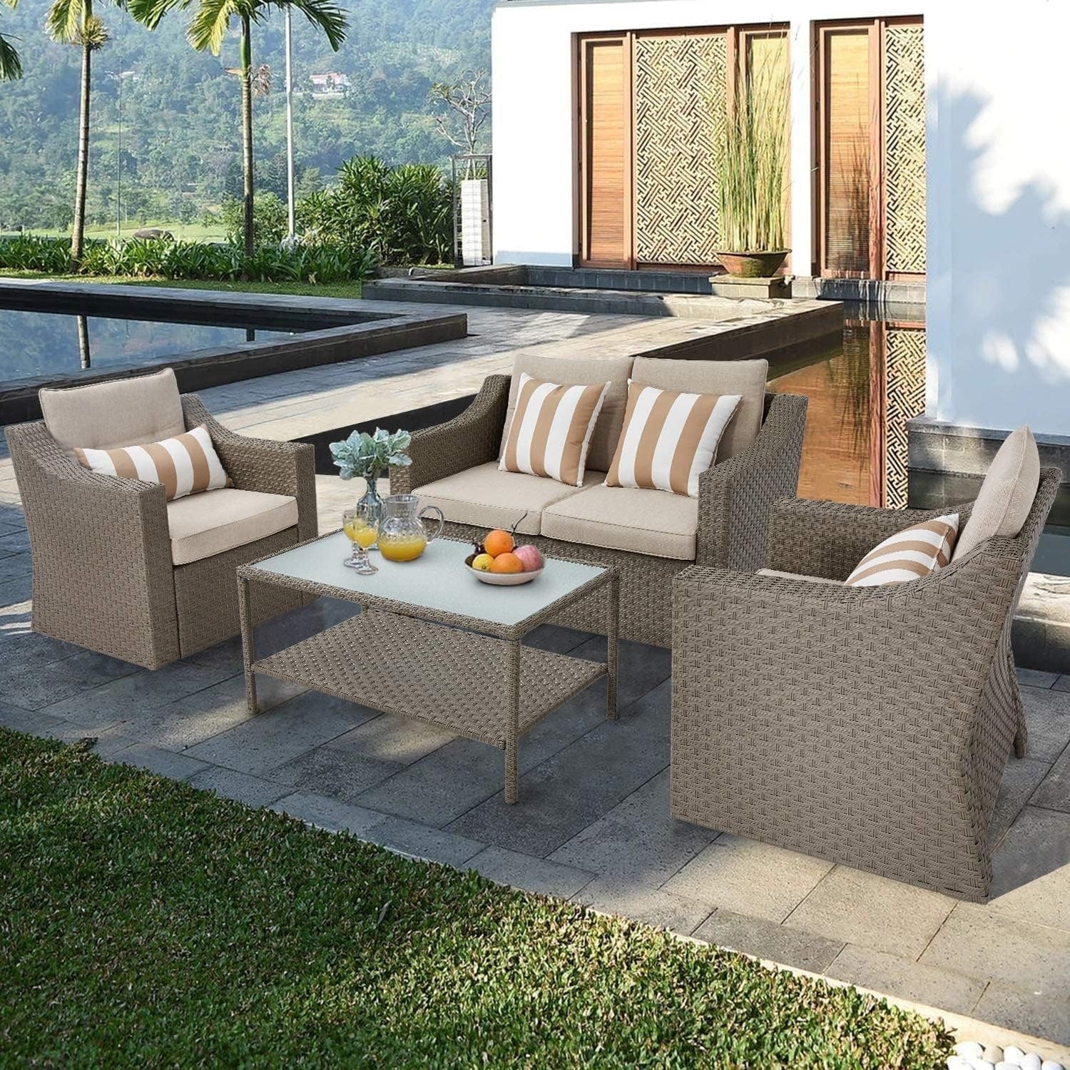 4-piece/5-piece Outdoor Patio Wicker Lounge Chair Conversation Set with Coffee Table and Cushions