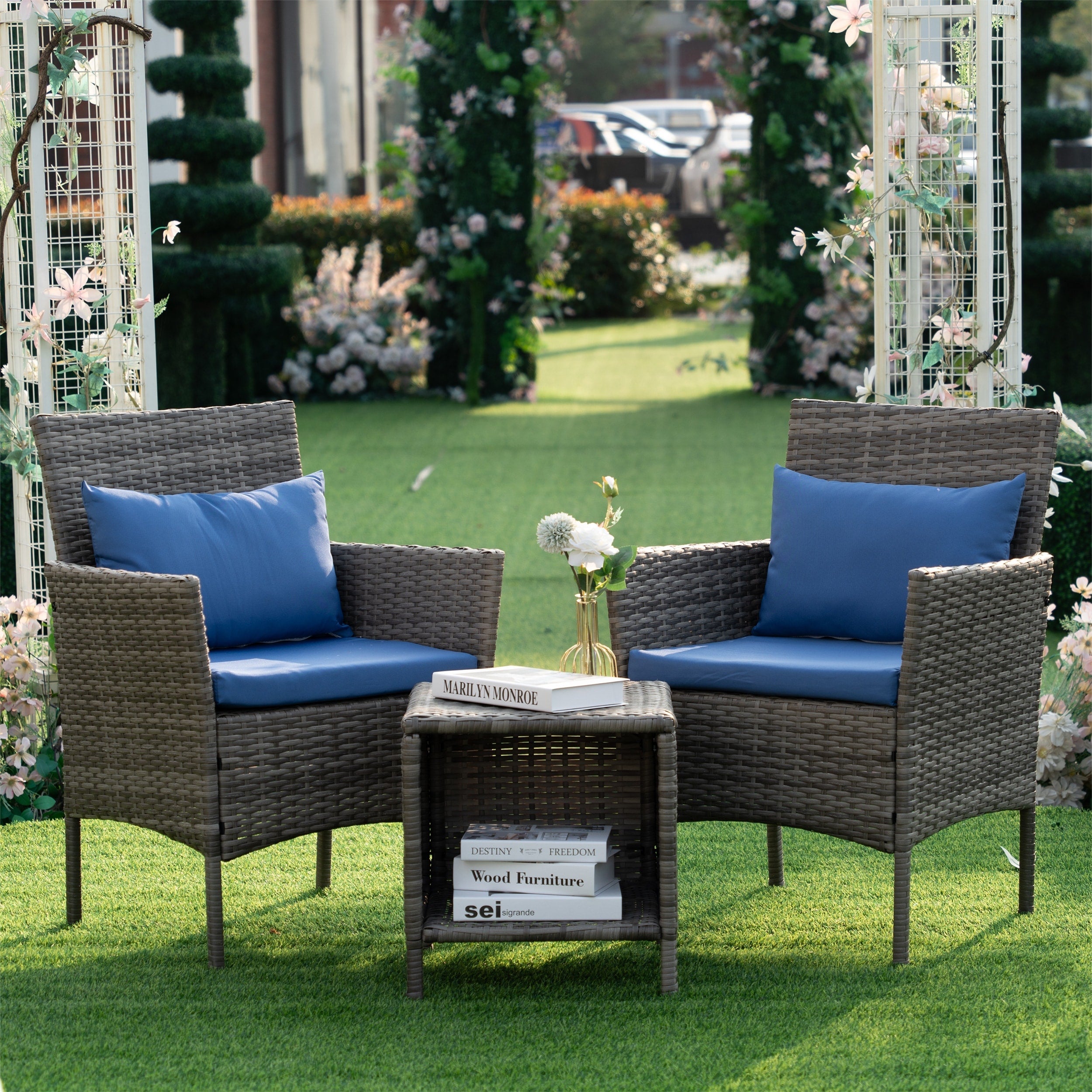 3 Piece Patio Conversation Bistro Set Outdoor Chat Furniture,Wicker Chairs and Storable Table Set,Porch Balcony Furniture Set