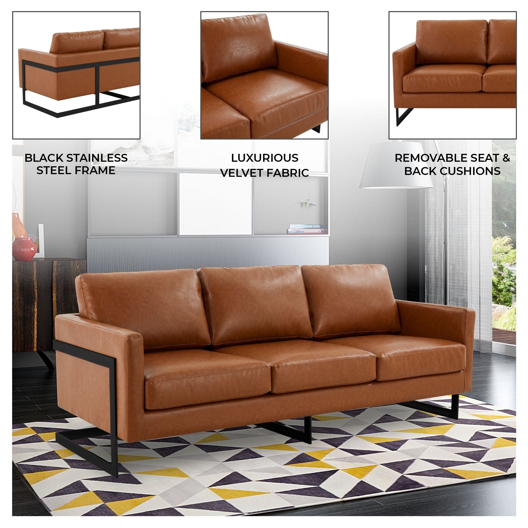 3-Seater Sofa Minimalist Upholstered Leather Couch w Removable Cushions in Stainless Steel for Living Room Bedroom