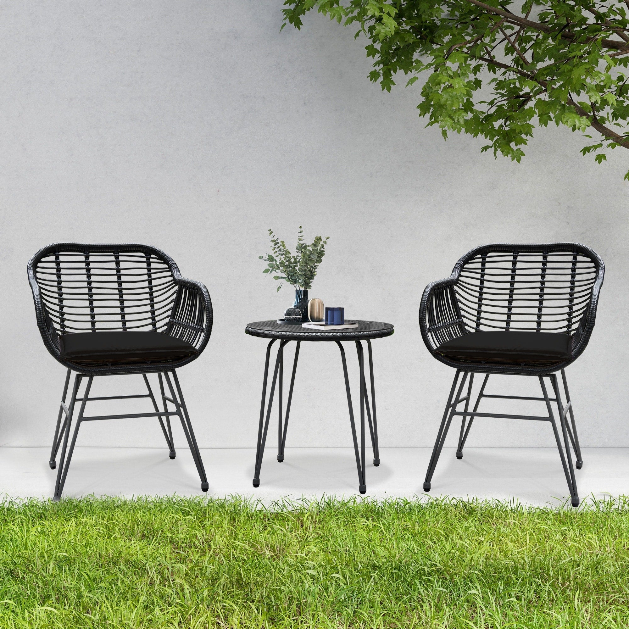 3 Piece Outdoor Wicker Furniture Patio Bistro Set With Cushions for Porch Poolside Garden - 21.2L x 23.6W x 31.5H