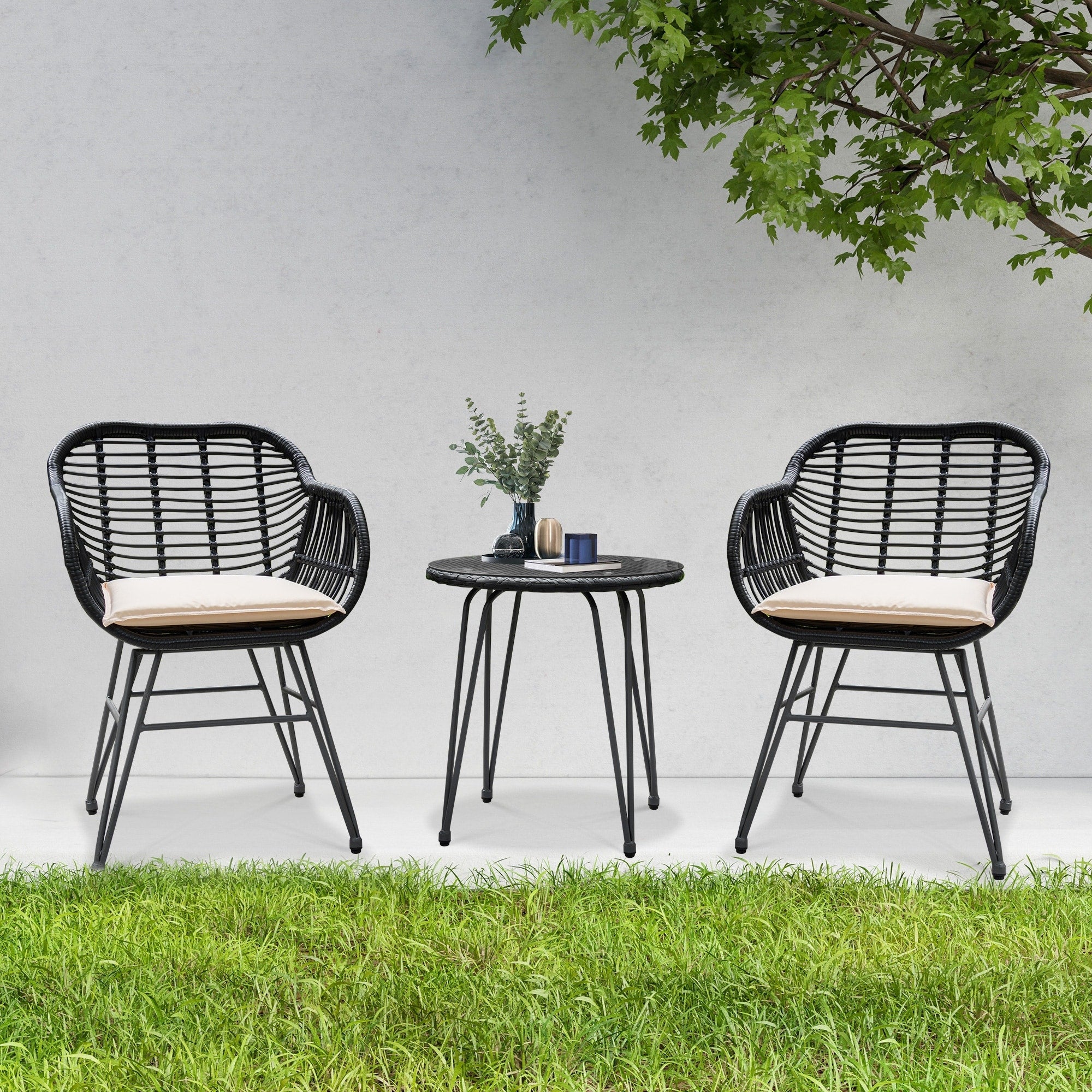 3 Piece Outdoor Wicker Furniture Patio Bistro Set With Cushions for Porch Poolside Garden - 21.2L x 23.6W x 31.5H