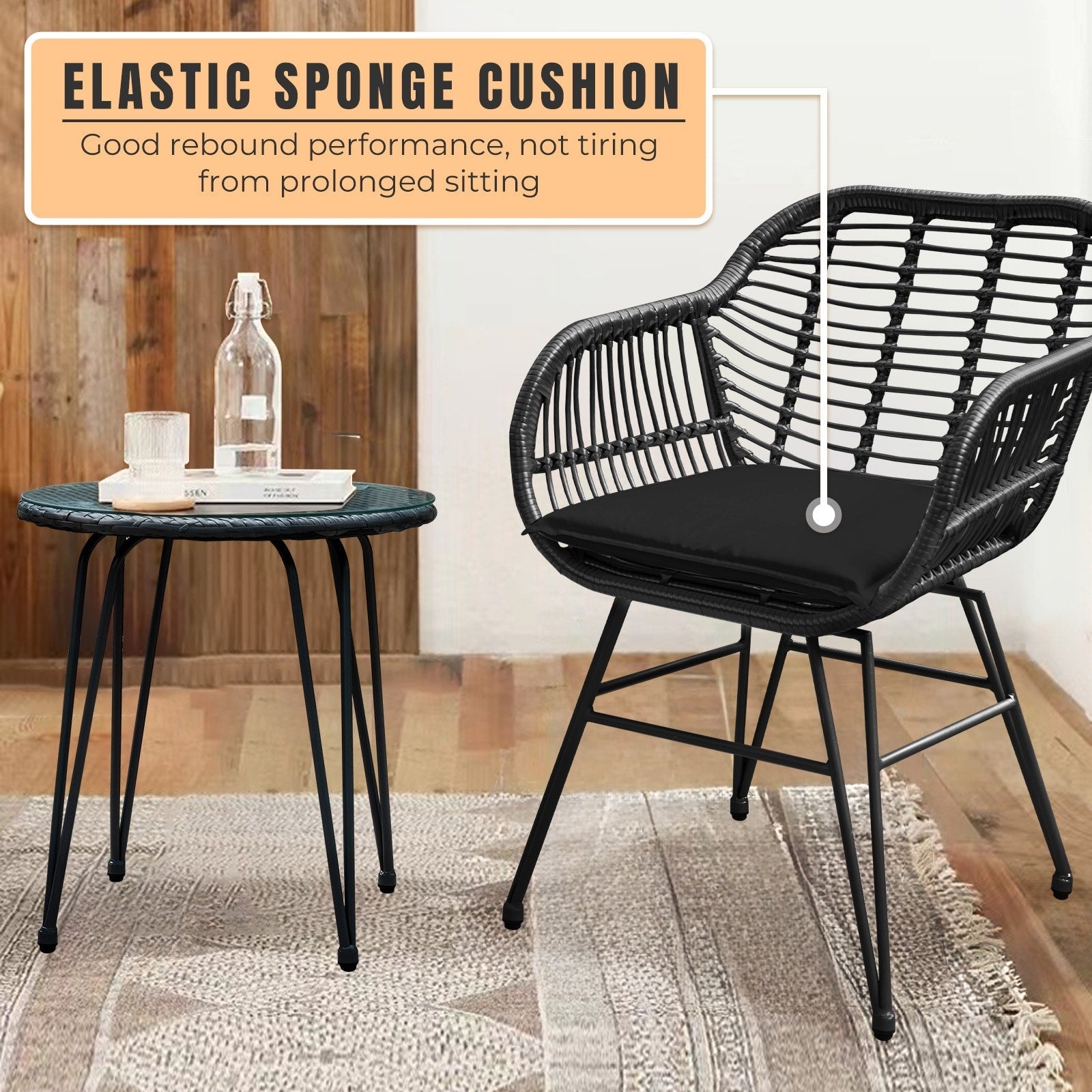 3 Piece Outdoor Wicker Furniture Patio Bistro Set With Cushions for Porch Poolside Garden - 21.2L x 23.6W x 31.5H